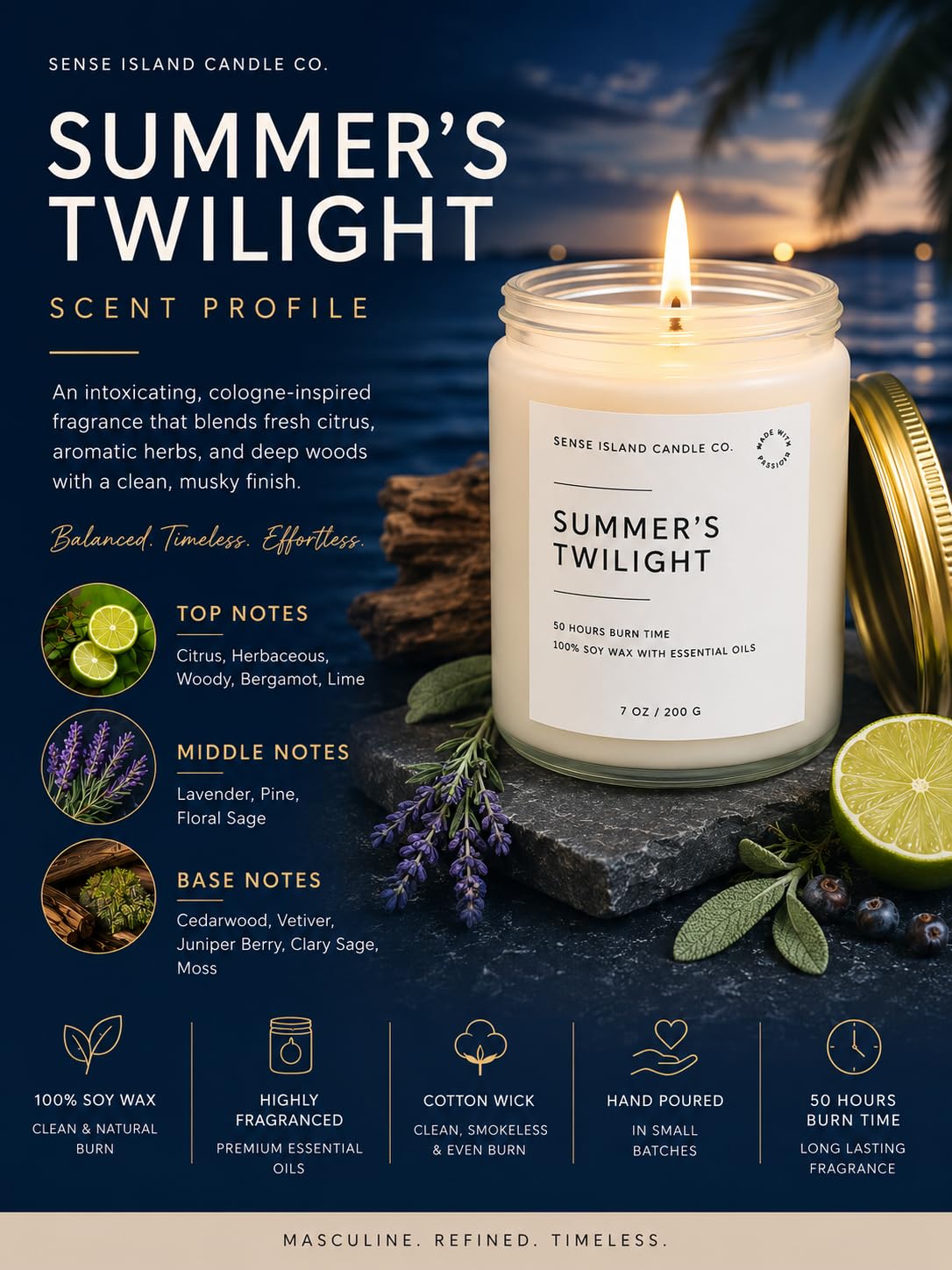 SENSE ISLAND Summer's Night Scented Candles for Men&Women | 100% Natural Soy Candle 7oz, up to 50 Hrs Burn Time Highly Scented Premium Scented Candle