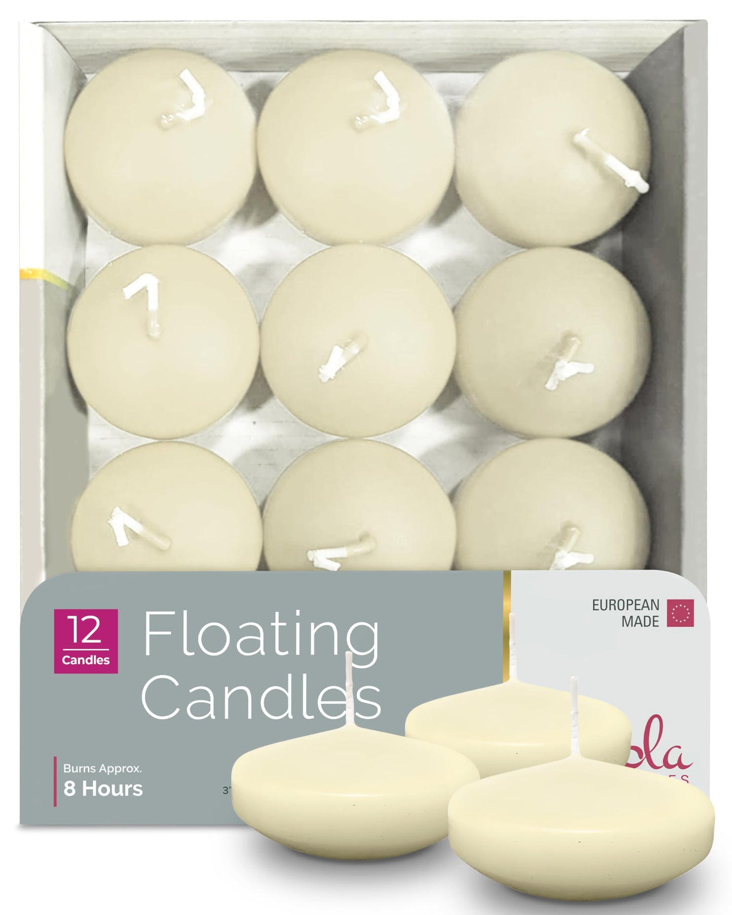 Hyoola Premium Ivory Floating Candles 3 Inch - 8 Hour - 12 Pack - European Made