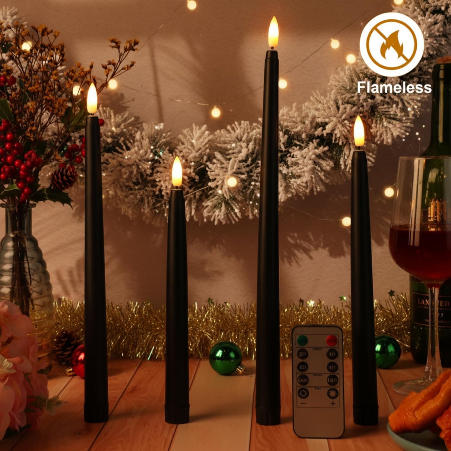 Rossesay 28 Pcs Flameless Taper Candles with Timer Remote 4 Sizes of 8.5", 9.6", 10.83", 12.8" LED Flickering Taper Candles Battery Operated for Valentine's Day Church Wedding Home Decor(Black)