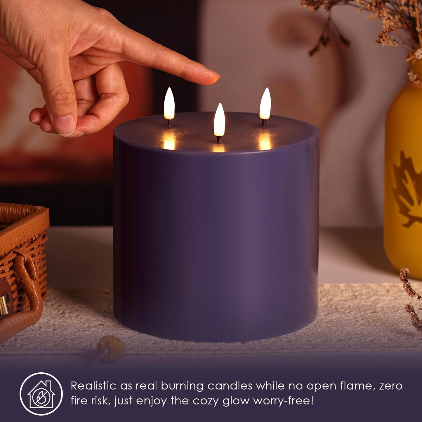 Girimax Navy Blue 3 Wick Flameless Candle with Remote, 6x6 inch Giant LED Pillar Candle, Battery Operated Real Wax Flickering