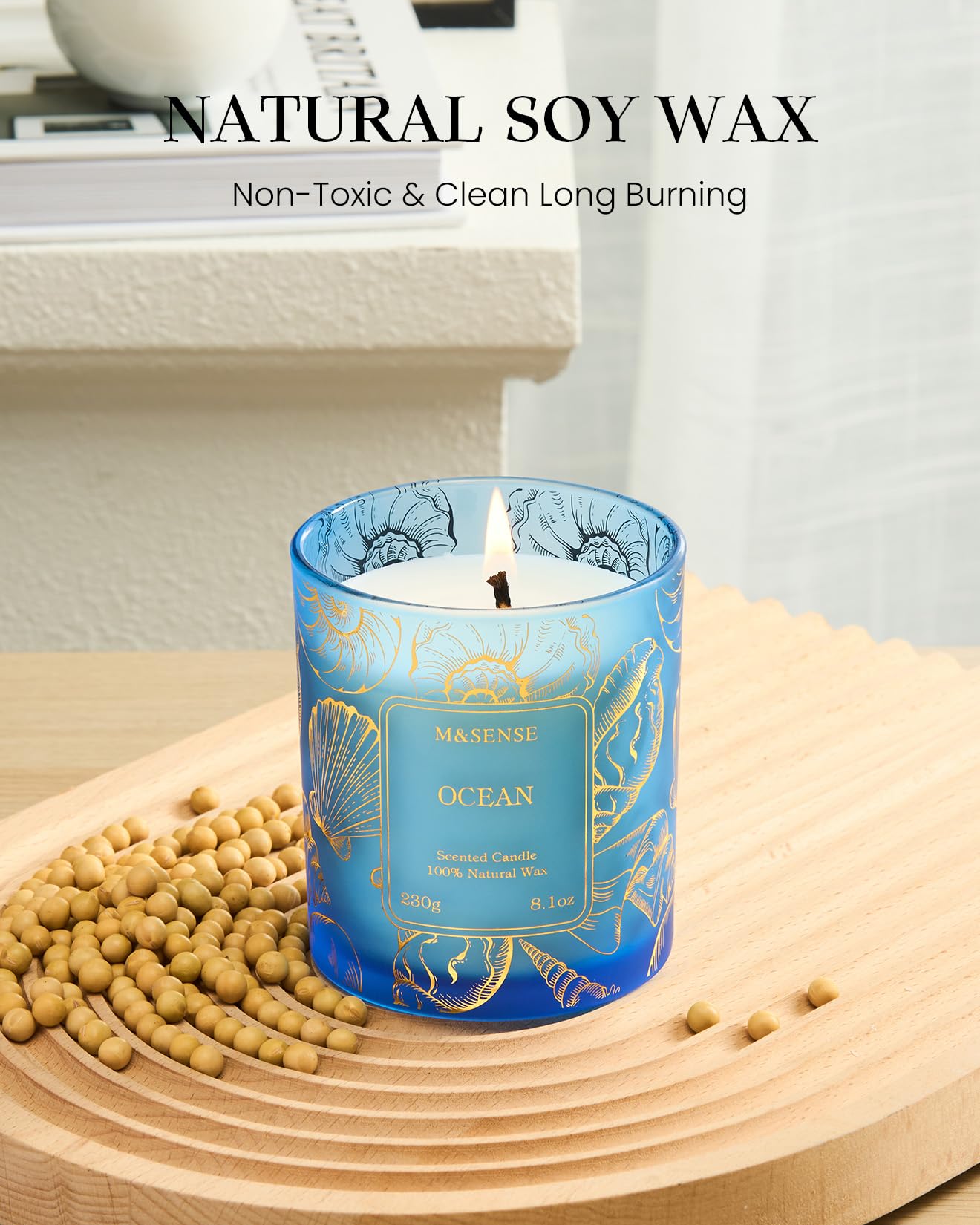 M&SENSE Natural Soy Wax Ocean Scented Candles, 8.1oz Non Toxic Soy Candle 42-Hour Slow Burning, Summer Fresh Smelling Candle for Bathroom Decor, Stress Relief Aromatherapy Candle Gifts