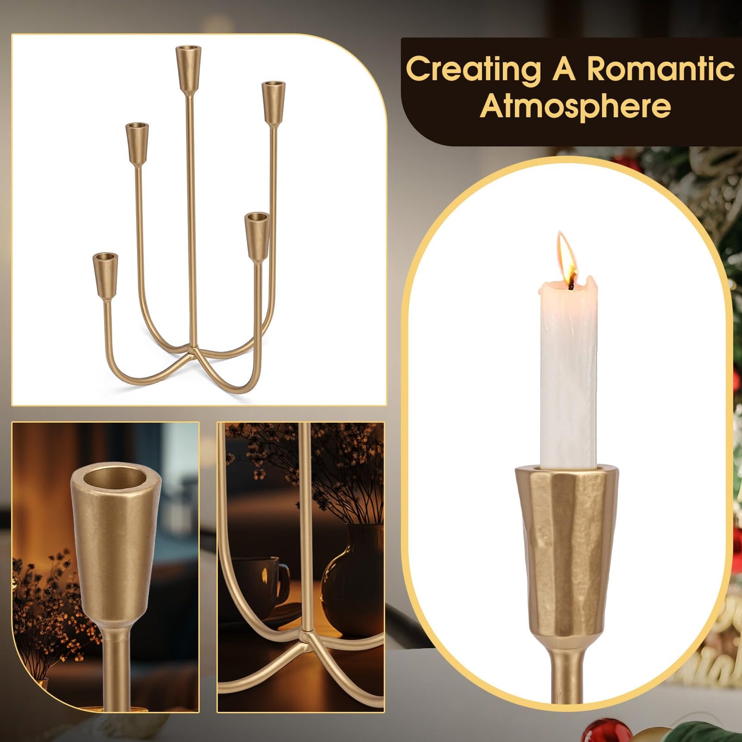 5-Candle Cast Iron Metal Candelabra, 17.7 Inch Candlestick Holders, Iron Tabletop Candelabra, Taper Candle Holders, Cast Iron Candelabra for Wedding, Table, Fireplace Mantel Decor