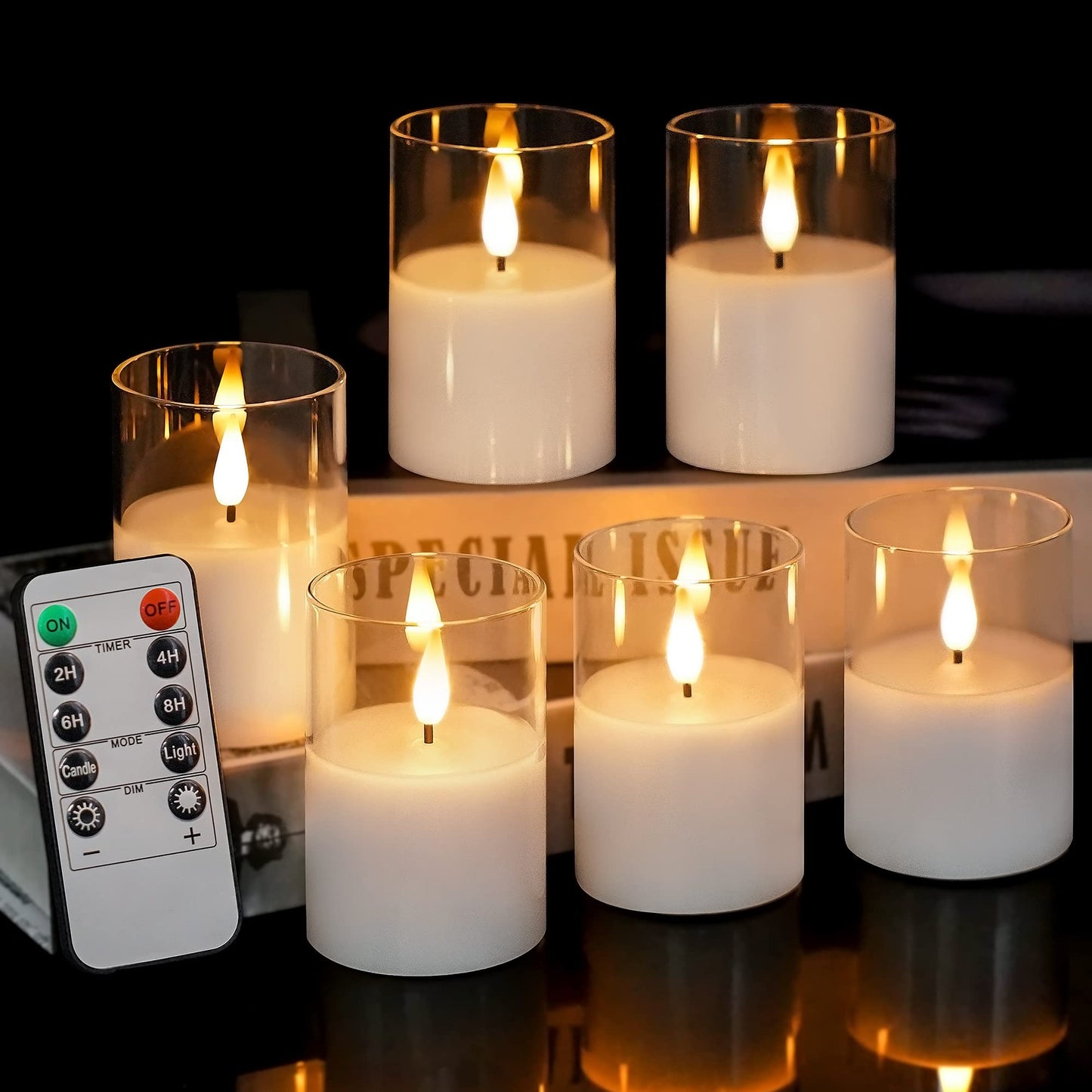 VIODAIM 6Pack Glass Flickering Flameless Candles with Remote, 2"X3" Real Wax Votive Candles Battery Operated, Small Electric LED Candles for Wedding Home Decor, w/4 Timers+2 Lighting Modes [Clear]