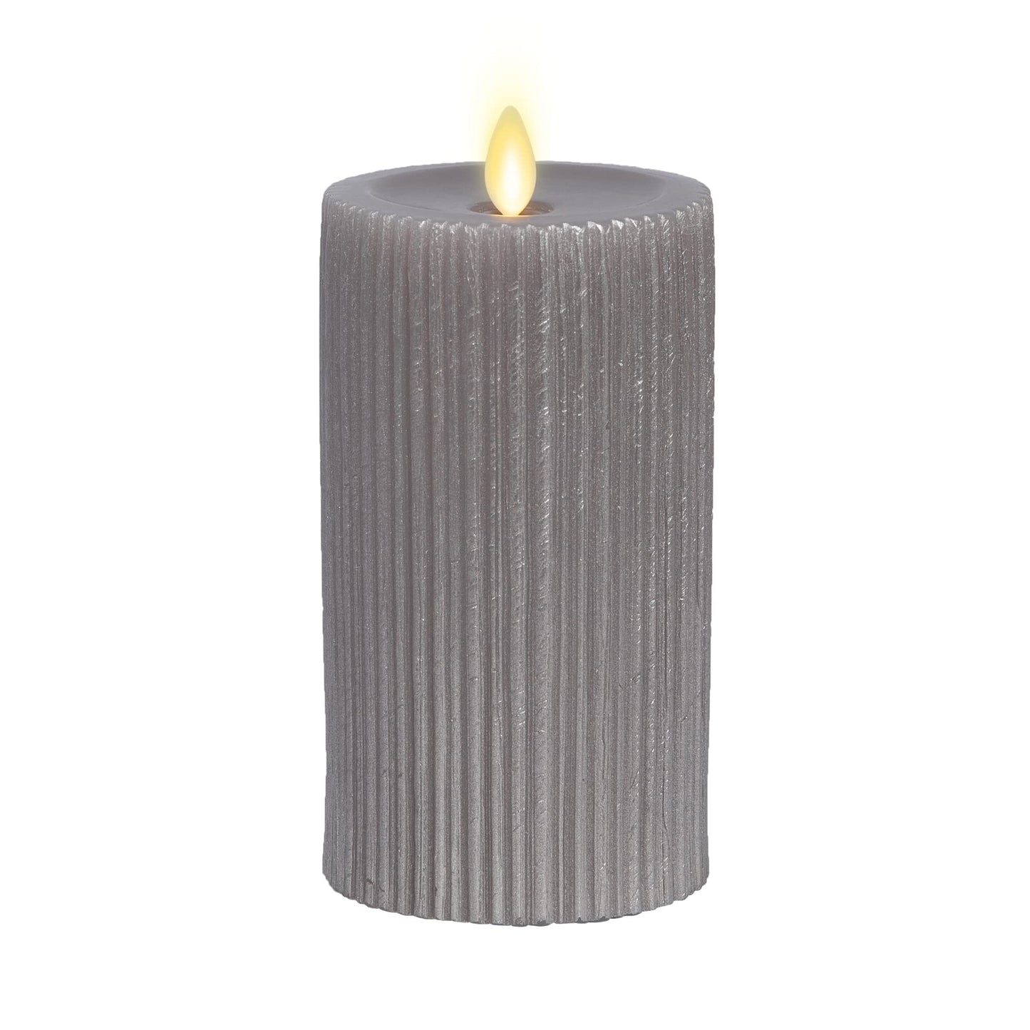 Luminara Metallic Embossed Pillar, Grey Flameless LED Candle 3.25" x 6.5", Battery Operated Real Flame Technology w/Timer Function, Paraffin Wax