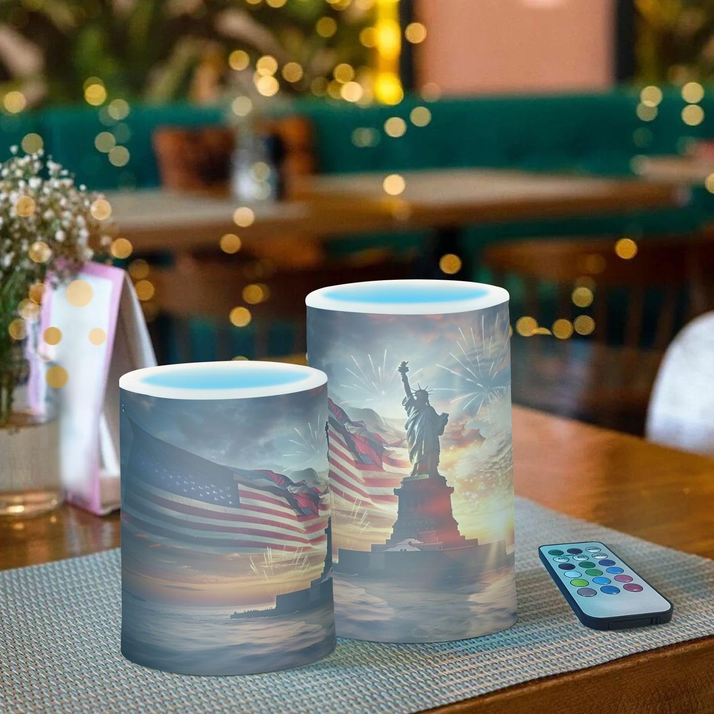ALAZA Independence Day Statue of Liberty Flameless Candles Flickering LED Candles with Remote Timer Battery Operated Pillar Candles Set of 2 for Dinner Holiday Decor