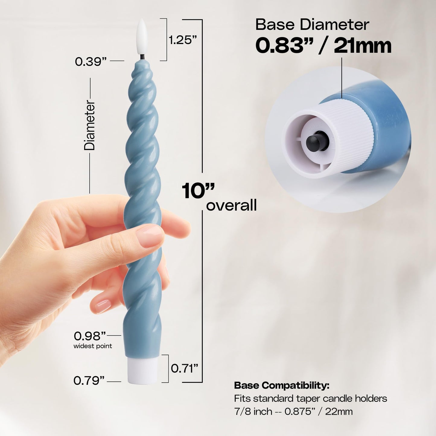 West Ivory Full Twisted Spiral Flameless LED Taper Candles – Dusty Blue, Set of 2 – 2/4/6/8-Hr Timer (24-Hr Memory), Remote, Dimmable, Bottom On/Off Button, Flicker/Steady, Battery Operated
