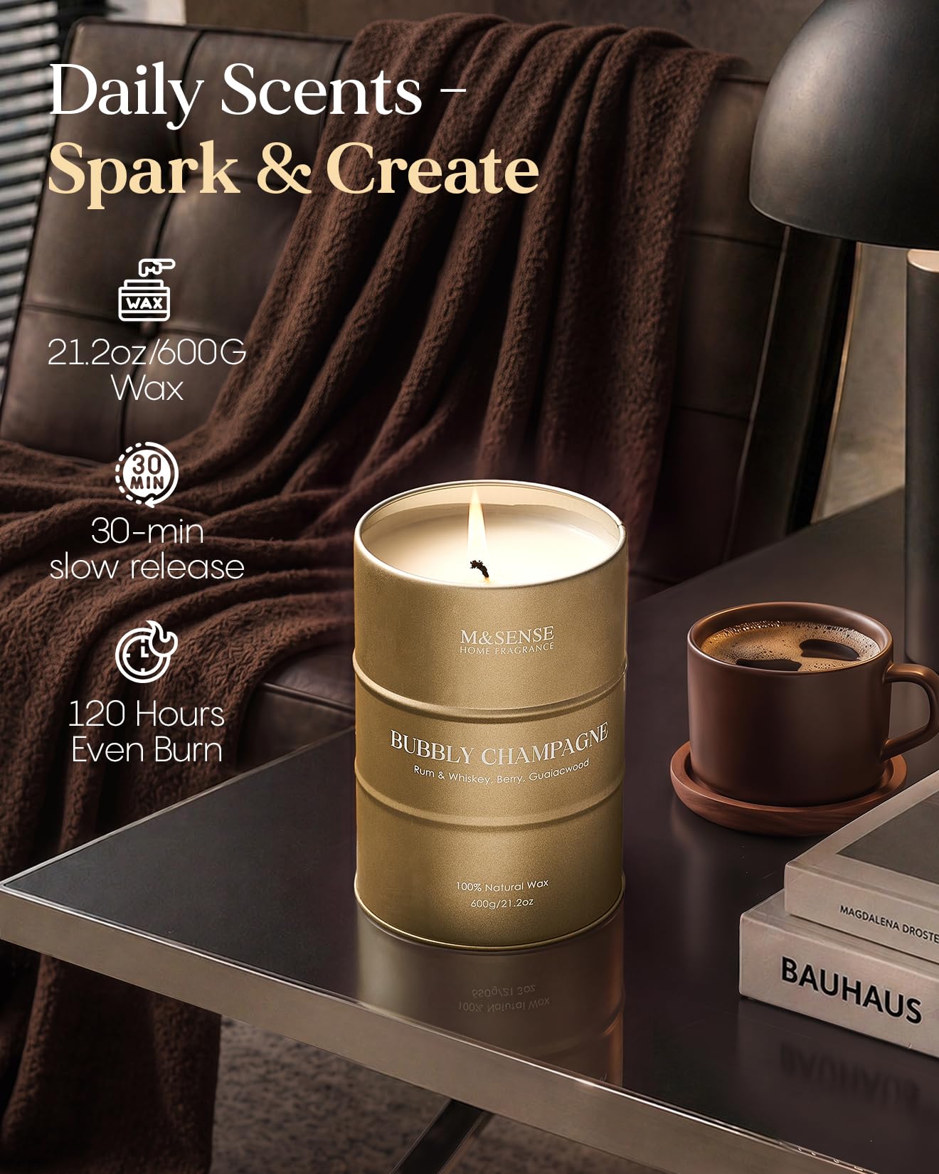 M&SENSE Bubbly Champagne Large Candles for Home Scented, Candles Gifts for Women & Men, Natural Soy Candles, House Warming Gifts New Home, 120 Hours Long Burning, 21.2 oz