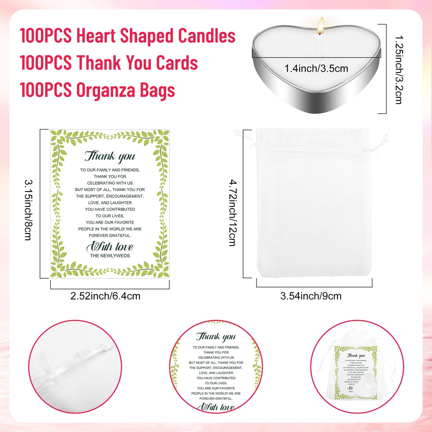 JEFHOMKIT 100 Set Wedding Favors - Heart Shaped Tealight Candles and Thank You Cards with Organza Bags