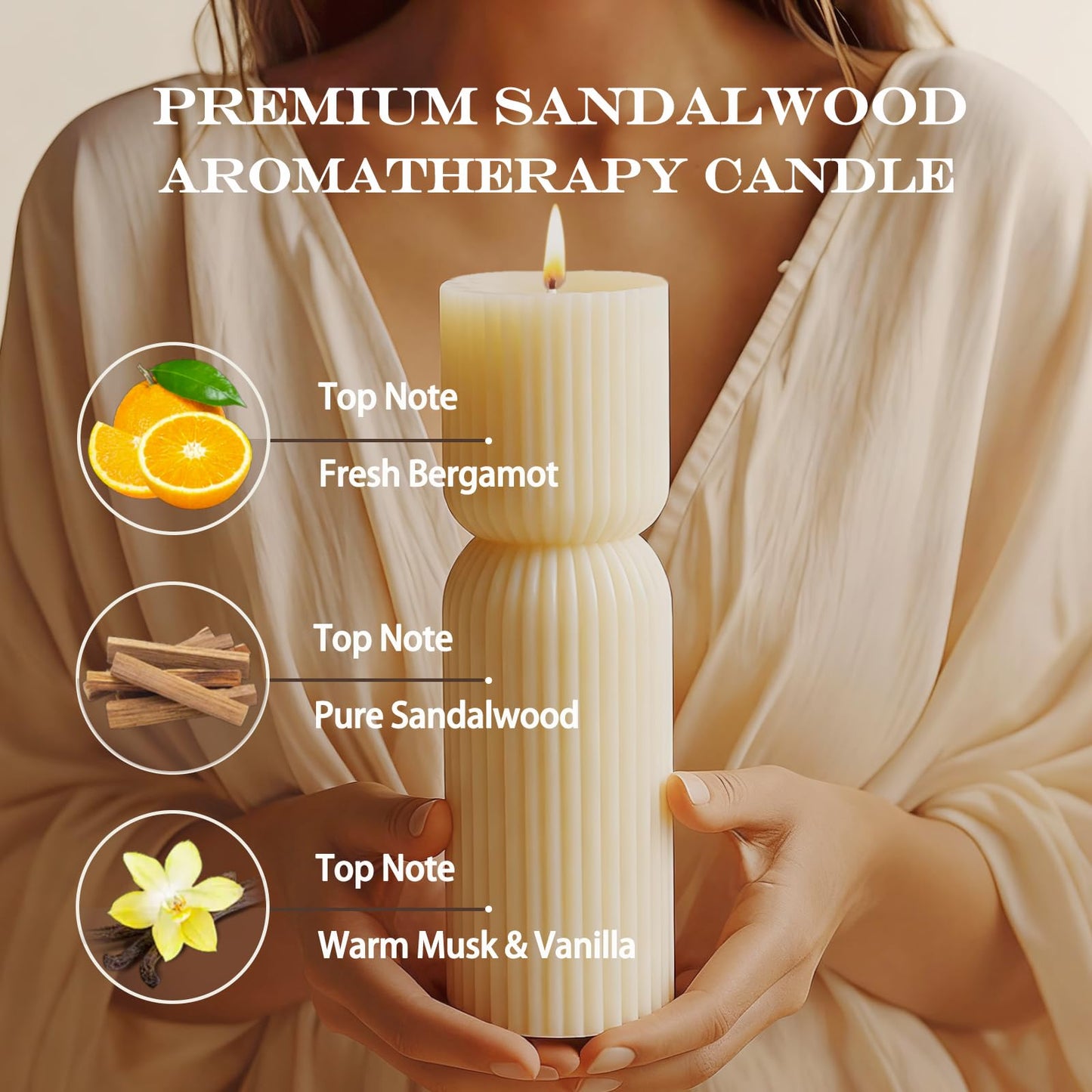 Aesthetic Sandalwood Scented Candles,Ribbed Pillar Candle Set of 2 (7.87" & 9.05" Tall), Natural Soy Wax Minimalist Geometric Decor, Modern Fluted Sculptural Candles for Home,Shelf, Mantel & Gift