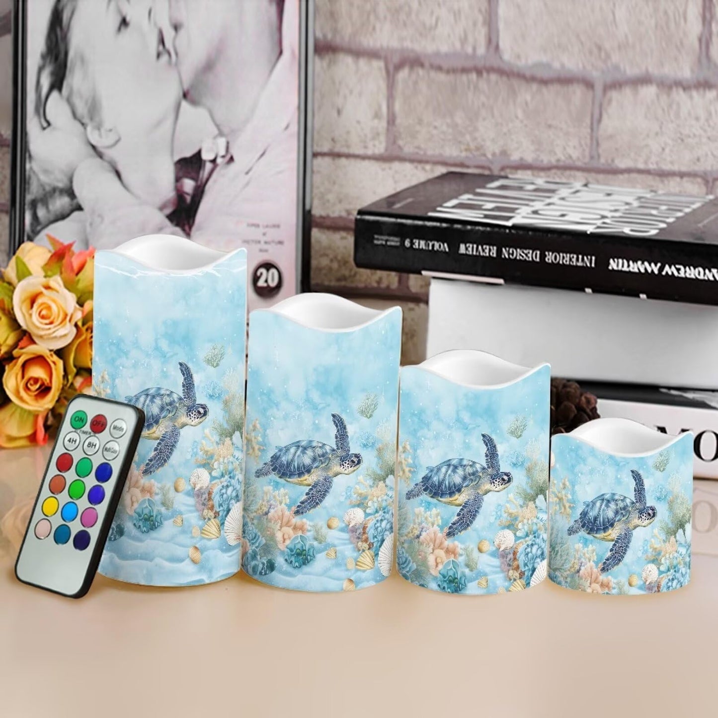 Cozeyat Turtle Ocean LED Candles 4 Pack Color Changing Battery Operated Flameless with Remote Control Timer Waterproof for Home Wedding Garden Beach