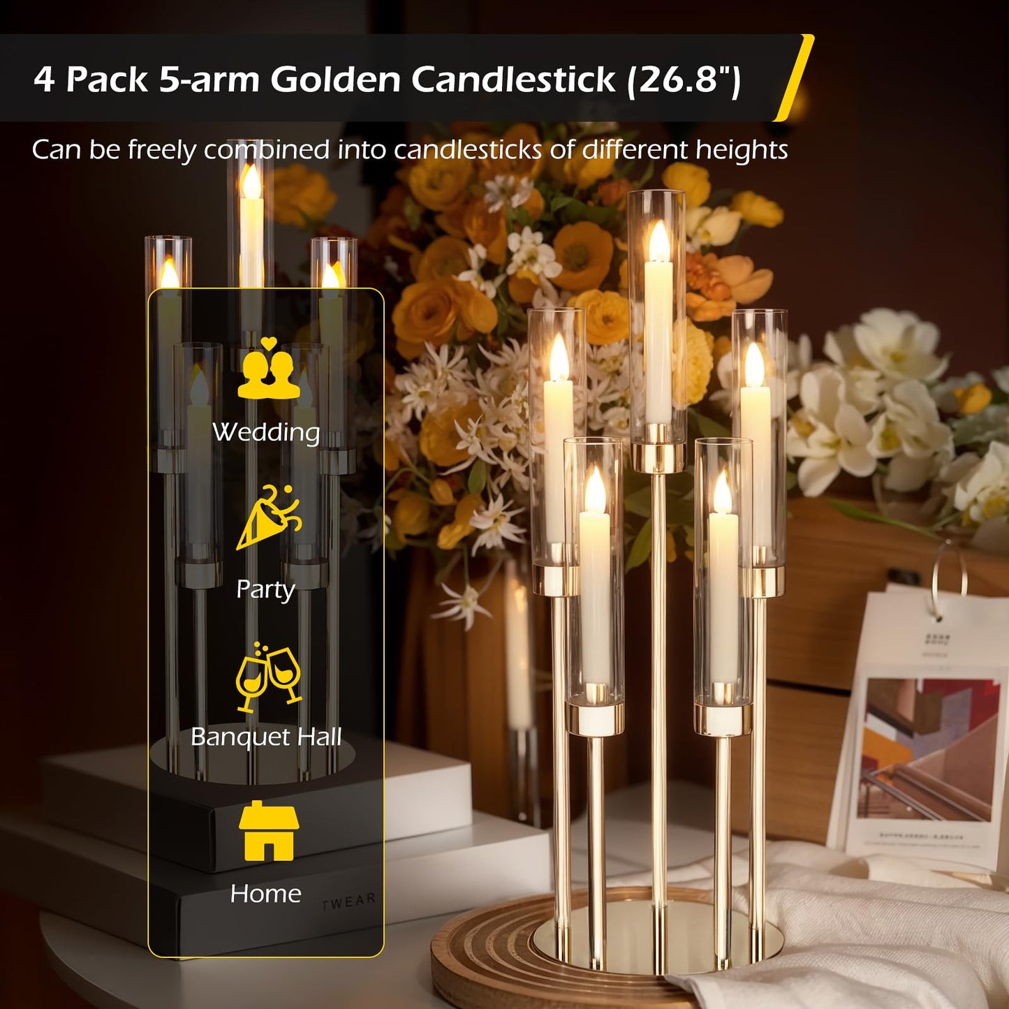 Dyna-Living Gold Candelabra Centerpiece 4 Set 26.8'' Tall Candle Holder Centerpiece for Tables, 5 Arms Candlestick Holders with Acrylic Lampshade, Gold Candelabra Floor Stands for Wedding Party Home