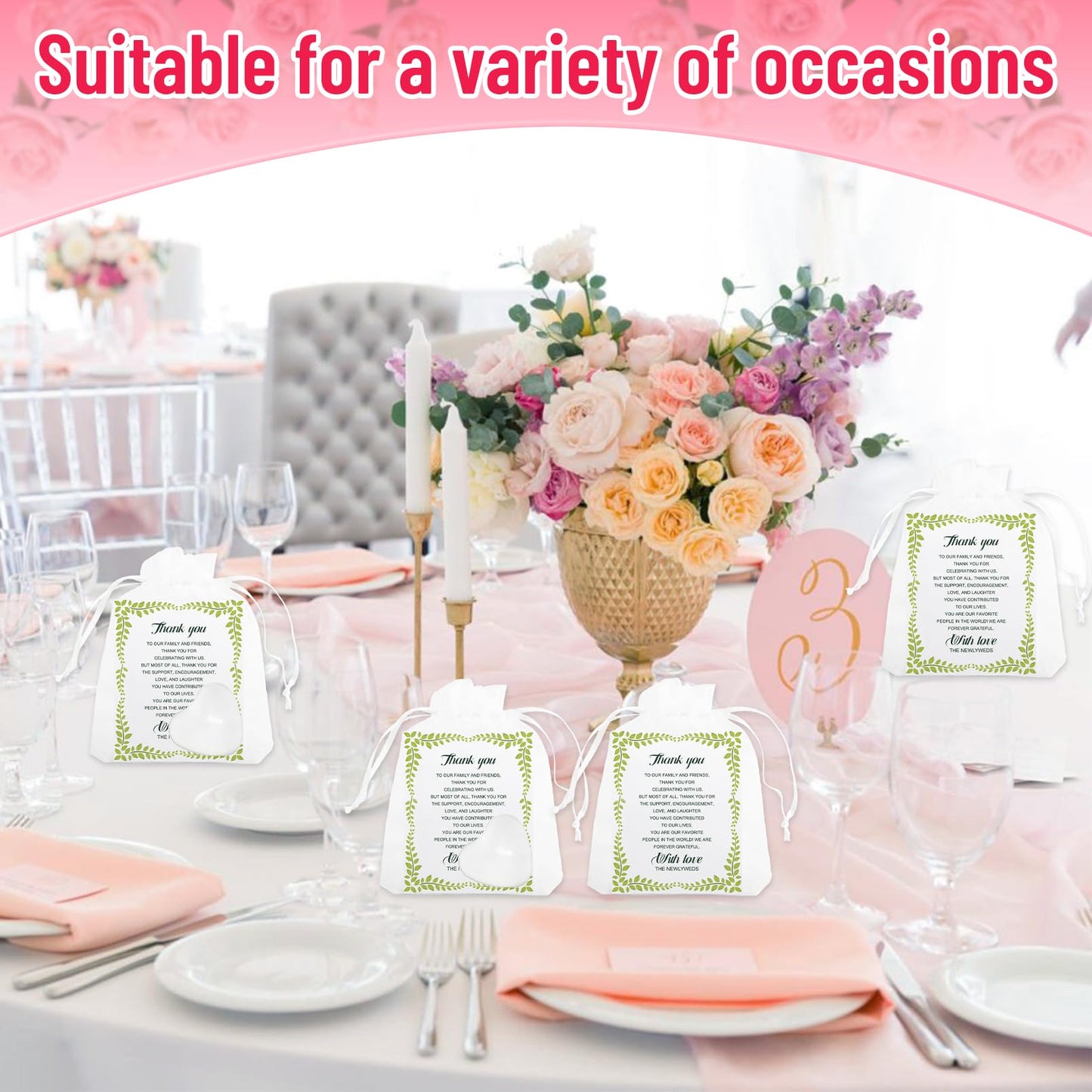 JEFHOMKIT 100 Set Wedding Favors - Heart Shaped Tealight Candles and Thank You Cards with Organza Bags