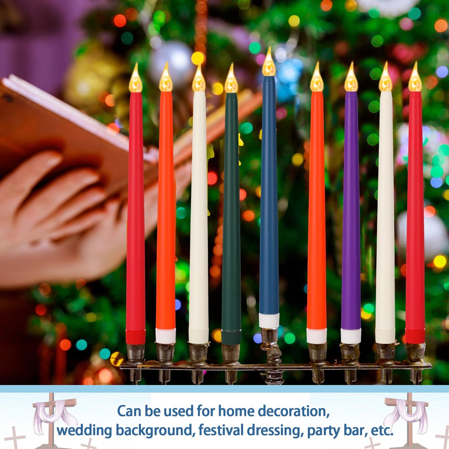 CHENGU 12 Pcs LED Taper Candles Flameless Battery Dripless Dinner Candles for Thanksgiving Day, Weddings, Church, Hanukkah, Christmas, Autumn, New Year Celebration(Multicolor,Taper)