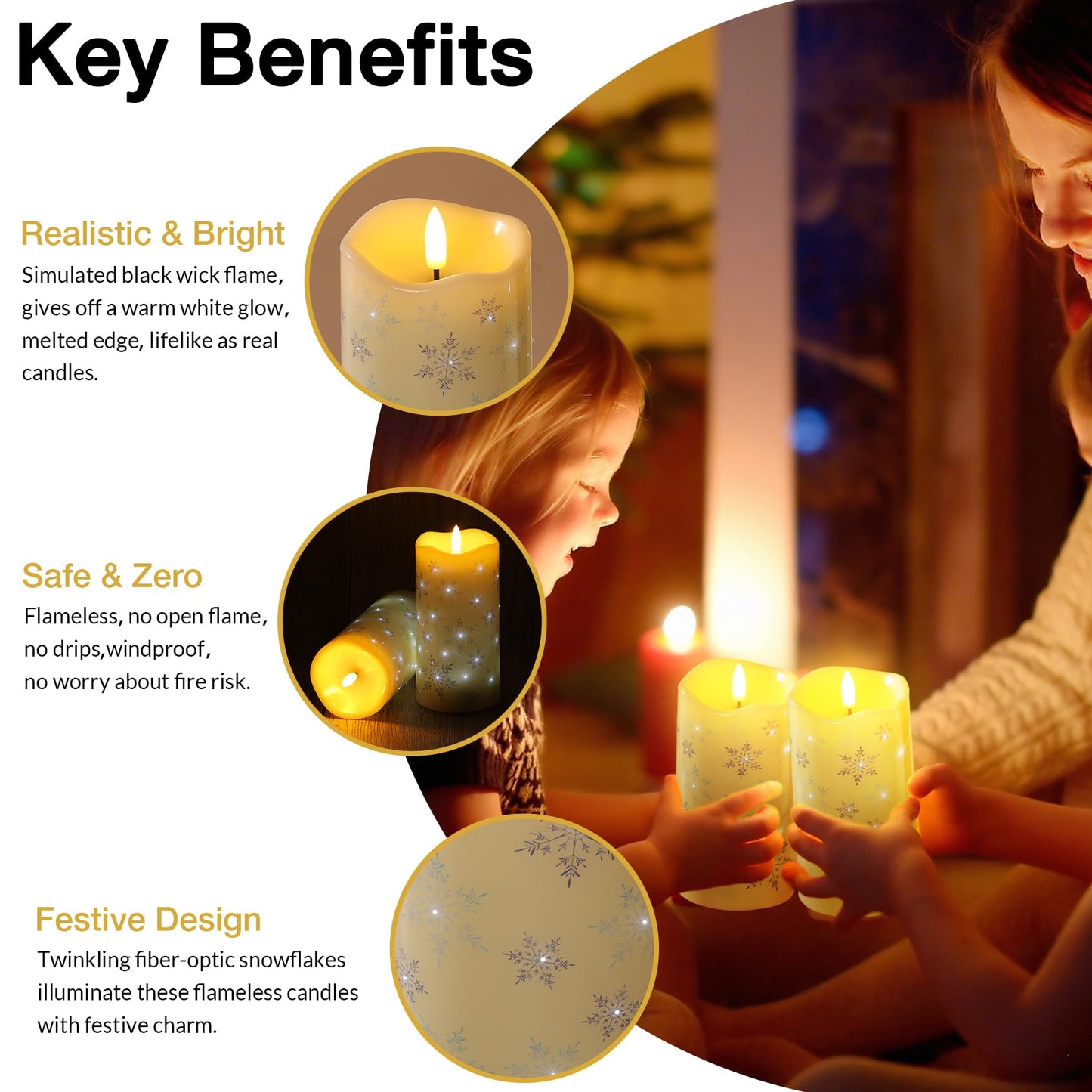 Eywamage Christmas Flameless Pillar Candles with Remote, Snowflakes Fiber Optic LED Candles Battery Operated Set of 3
