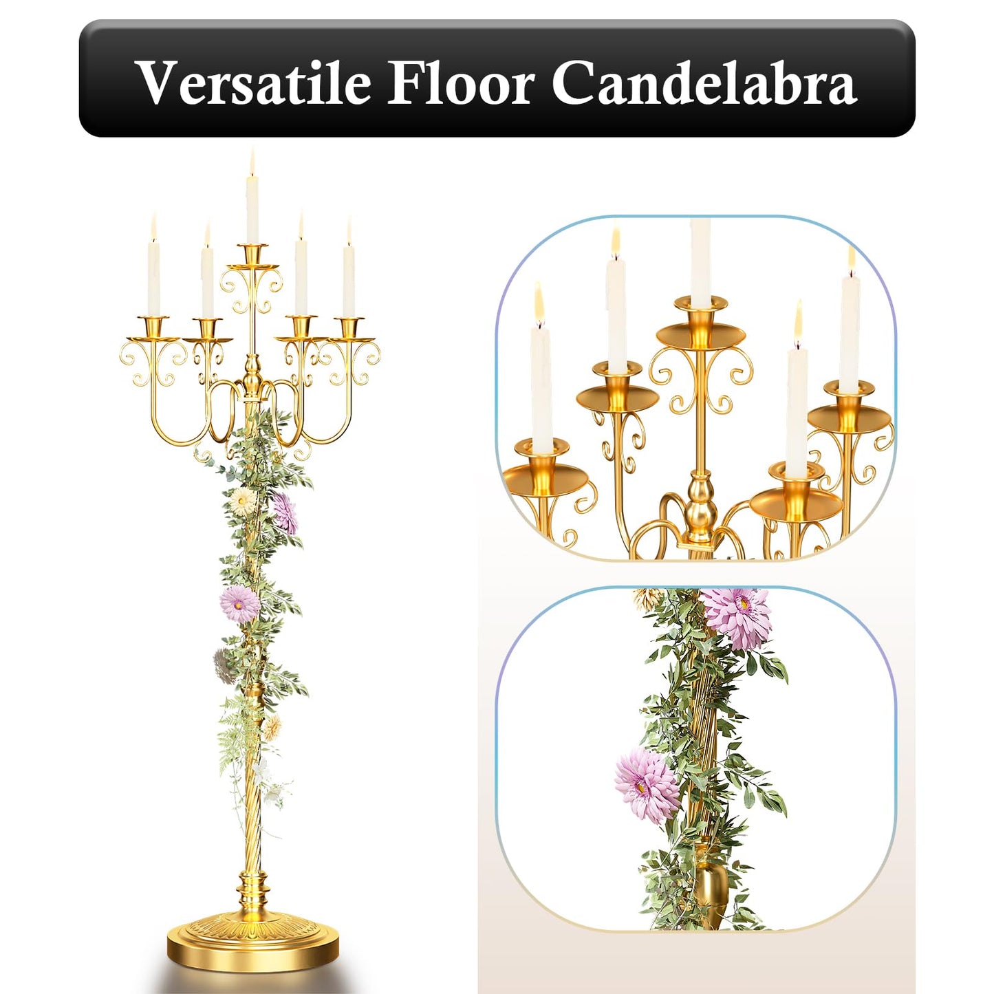 Floor Candelabra 50 Inch Gold Candlestick Holder 5 Arms Candle Holders Antique Flower Stand Centerpiece Decorative Candle Holder for Events, Party, Ceremony, Wedding Aisle, Home 2 Pcs (Beaded Styling)