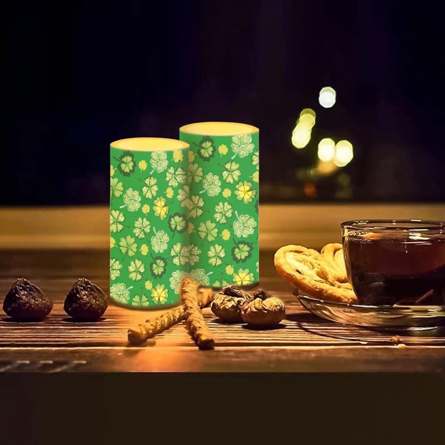 Luarisgur St Patricks Day Flameless Candles Green Leaves Candles Battery Operated with Moving Wick LED Pillar Candles 2 Pack 3 x 6 Inches for Home Decorations
