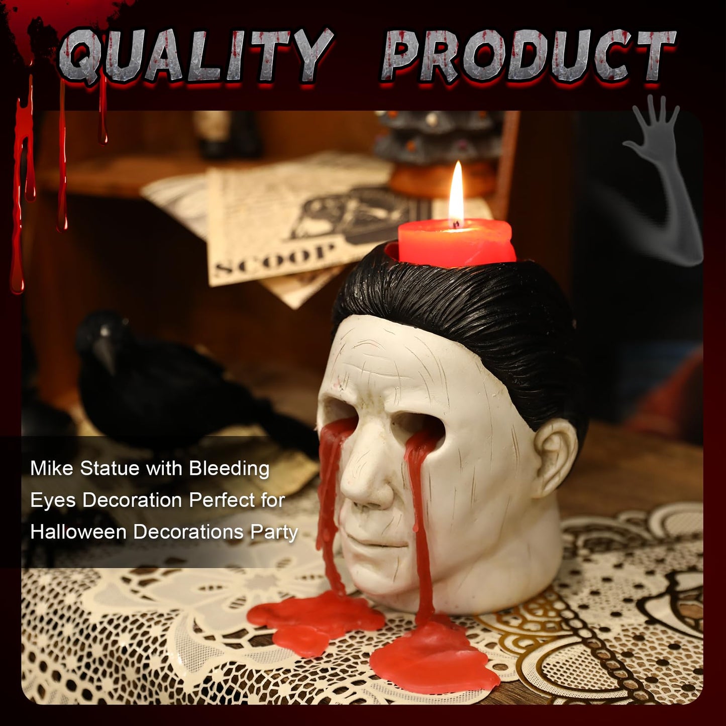 Michael Candle Holder, Candle Holder Statue with Bleeding Eyes Decor Halloween Horror Holder Decorations Party Candlestick Merchandise