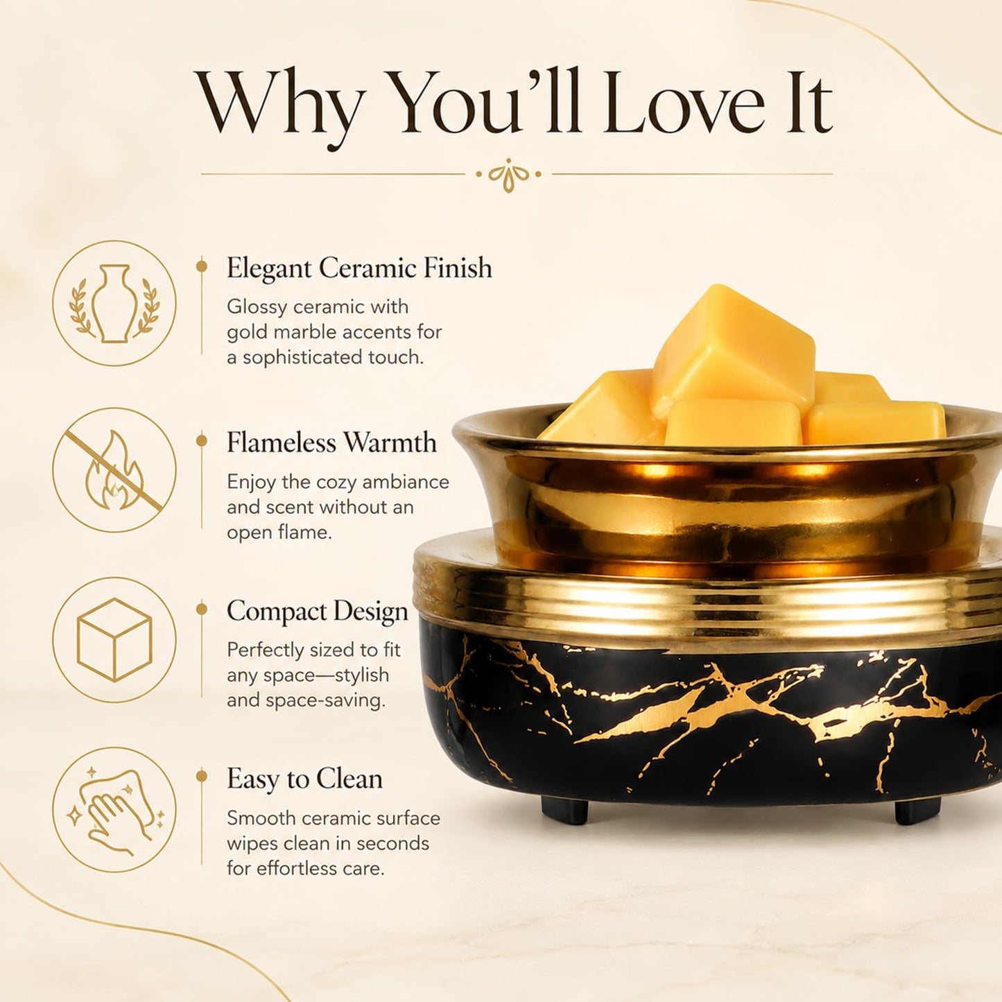 Mocosa Ceramic Wax Melt Warmer 3-in-1 Candle Warmer Electric Wax Warmer for Scented Wax Melter Burner for Home,Office, for Mom Women（Black Gold）