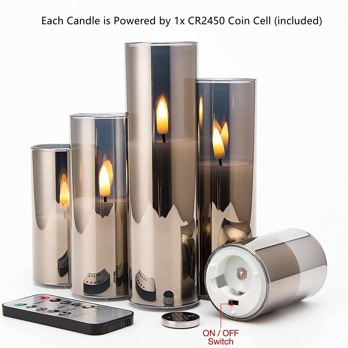 Eywamage 5 Pack Grey Glass Flameless Candles with Remote, Flickering Slim Tall LED Pillar Votive Candles Battery Included