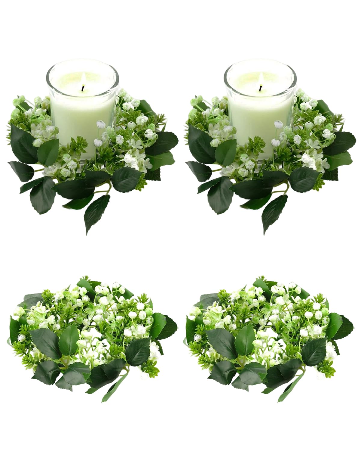4 Pack Candle Rings Artificial Mini Greenery Wreaths for Candles 3 Inch Center Eucalyptus Floral Wreath for Wedding Centerpieces Party Home Table Window Decor White Green