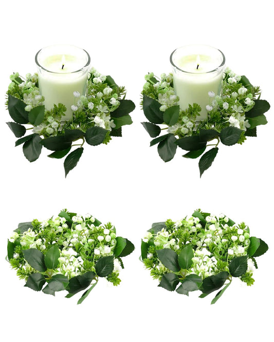 4 Pack Candle Rings Artificial Mini Greenery Wreaths for Candles 3 Inch Center Eucalyptus Floral Wreath for Wedding Centerpieces Party Home Table Window Decor White Green