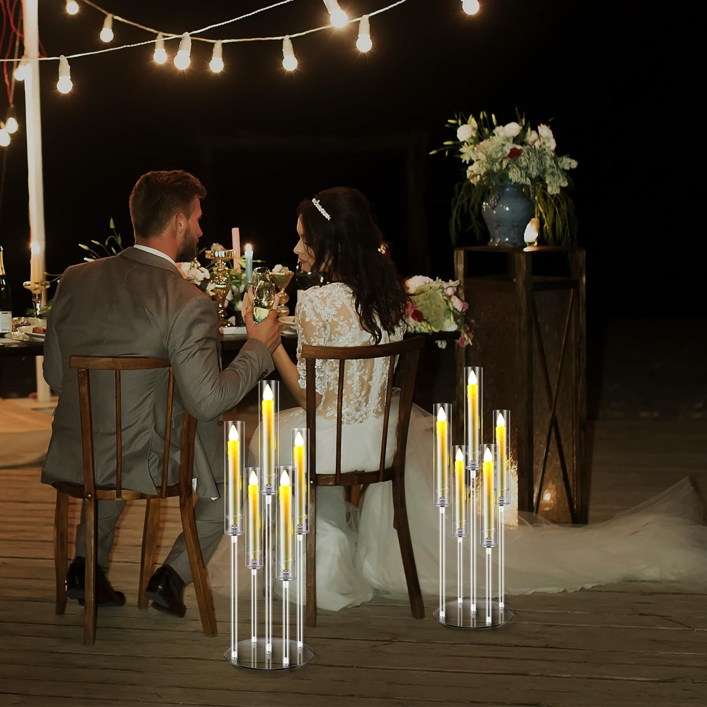 FoldTier 4 Sets 5 Arm Acrylic Candelabra Holder for Wedding Table Centerpiece 27inch Tall Floor Clear Candle Centerpieces with LED Candles and Shade for Proposal Ceremony Birthday Party Home Decor