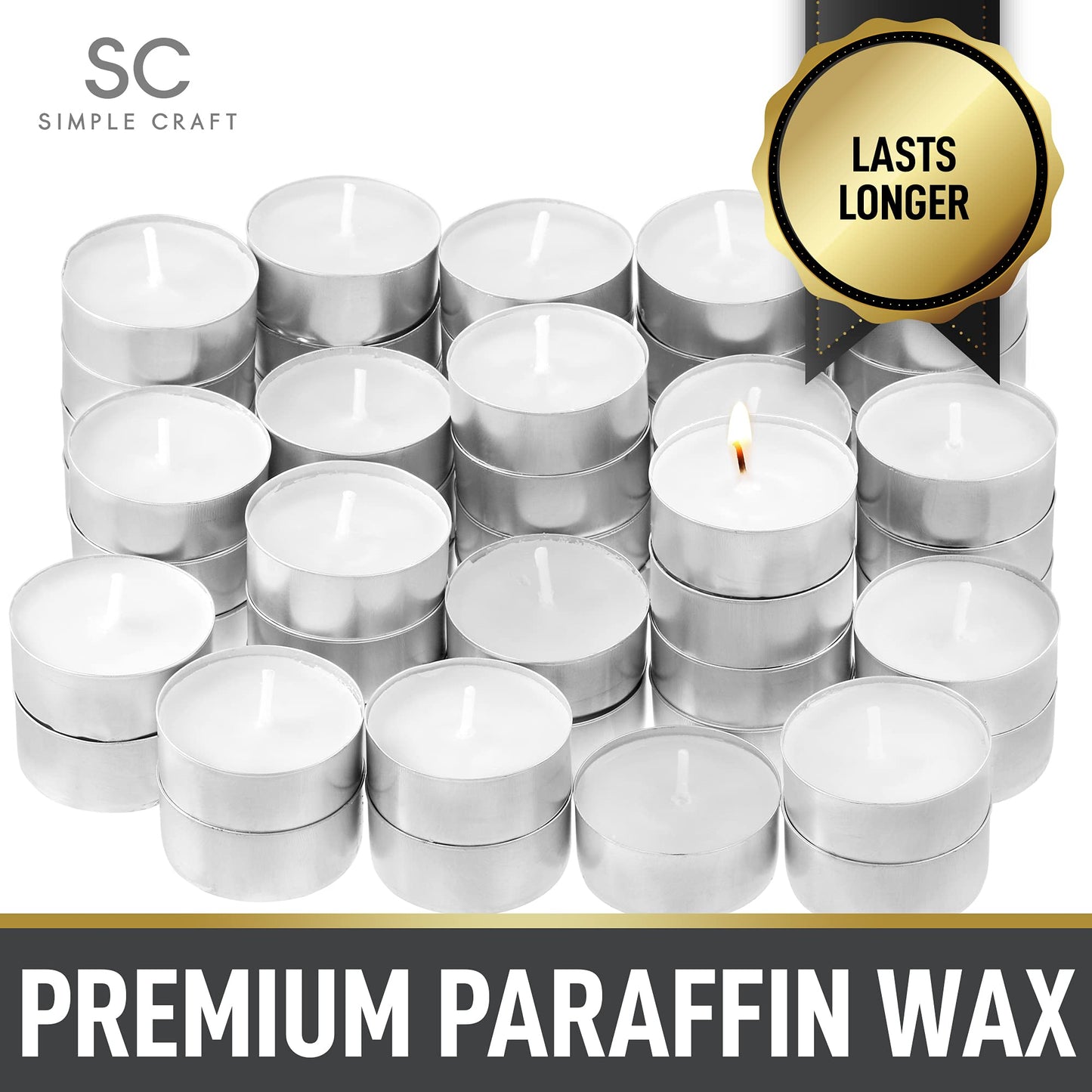 Simple Craft 150 Pack Tea Lights Candles - Unscented Tealight Candles Pack - Long Lasting Paraffin Wax Small Candles in Bulk - Smokeless & Dripless Tea Light Candles for Home, Parties, Weddings
