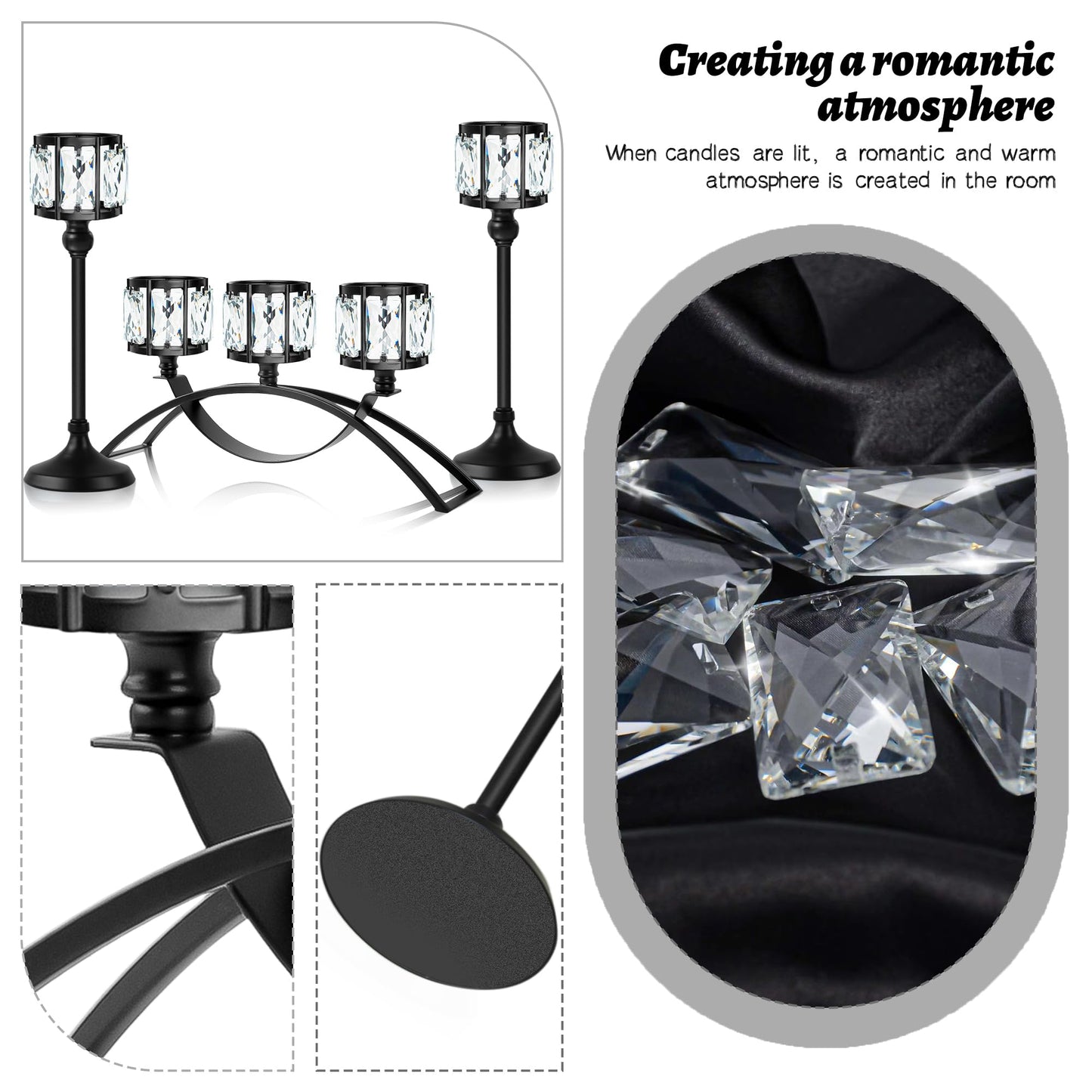 3 Arms Crystal Bowl Tealight Candelabra Votive Candle Stand, Wedding centerpieces for Tables Crystal Candlestick，Centerpiece Table Decorations (Set of Black)