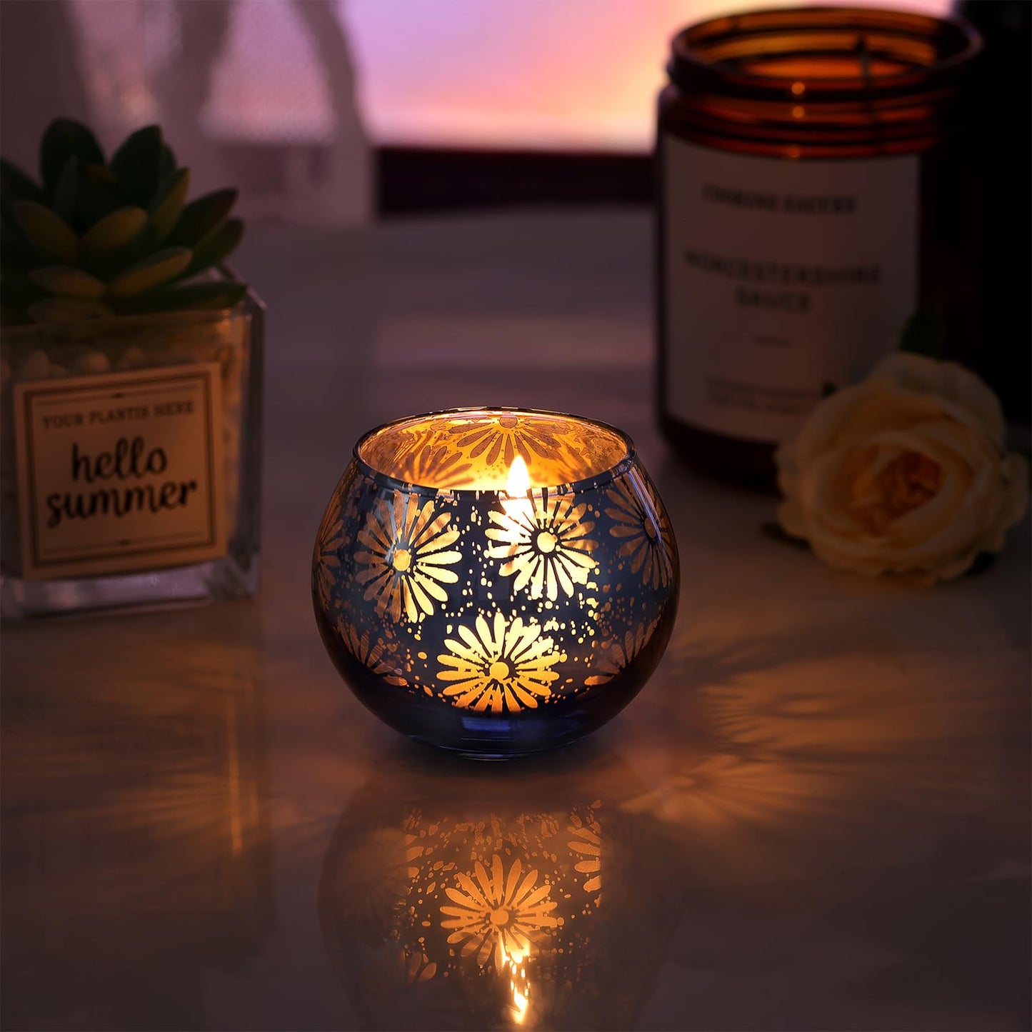 sunnyfuture Blue Mercury Glass Votive Candle Holders Set of 12, Round Tealight Candle Holders Bulk for Table Centerpieces, Weddings, Shower Gifts, Party Decorations