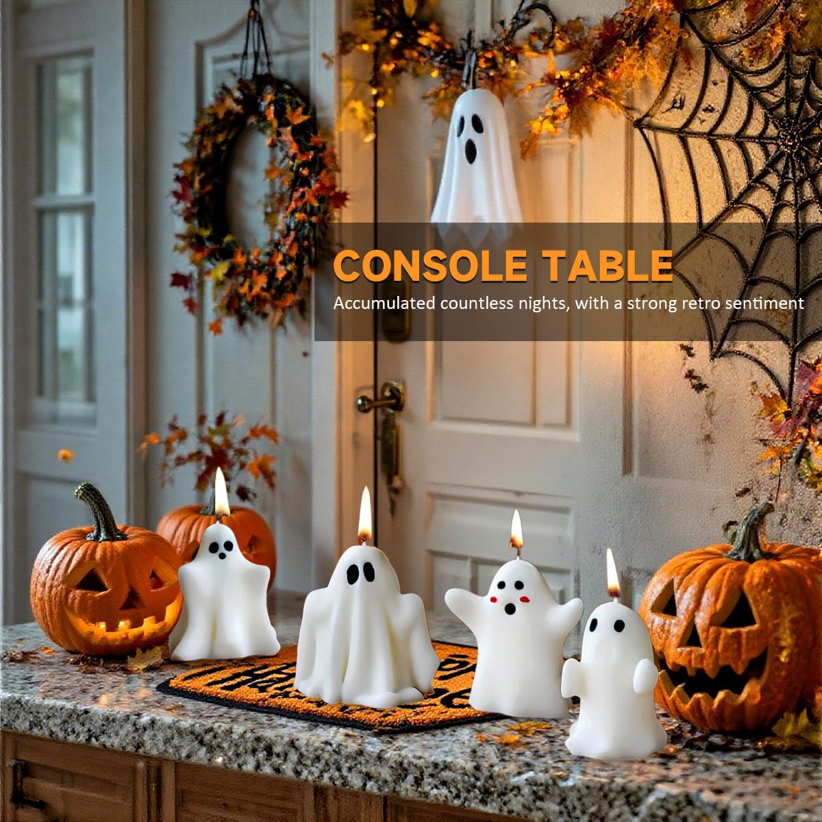 FANNEV 4Pcs Halloween Ghost Candles, Cute Ghost Scented Candle Decorations, Table Tea Light Candle Decoration for Bedroom, Bathroom and Living Room