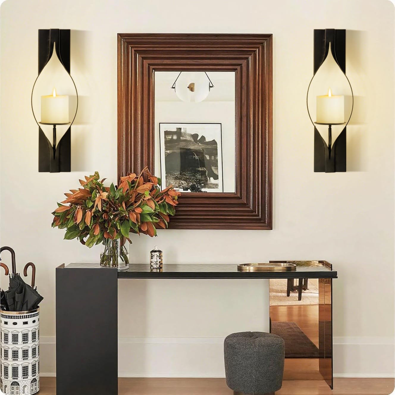 Wall Candle Sconces Set of 2, Decorative Metal Candle Holder for Living Room, Farmhouse, Fireplace (Matte Black)