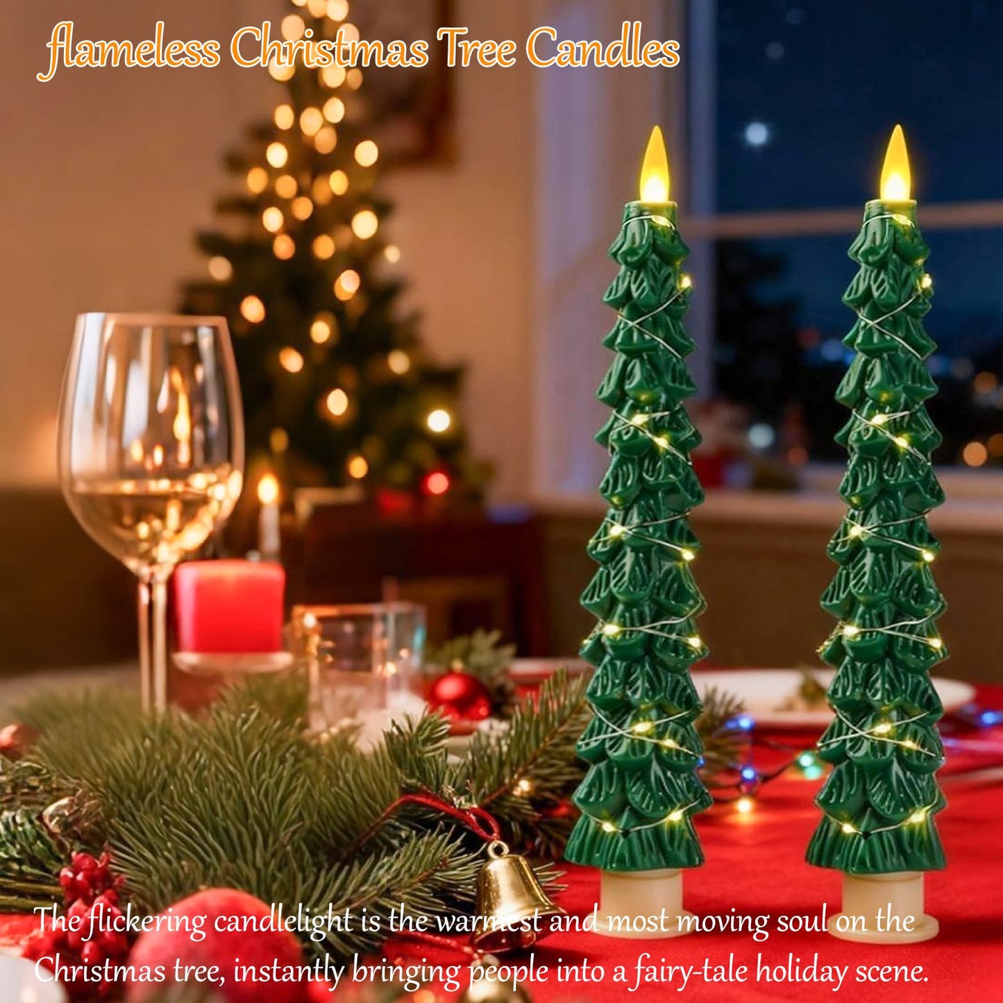 Eynshoo 2-Pack Christmas Tree Flameless LED Candles with String Lights, Realistic 3D Flickering Flame, Remote Control, Battery-Operated Christmas Decorations for Home & Holiday Display