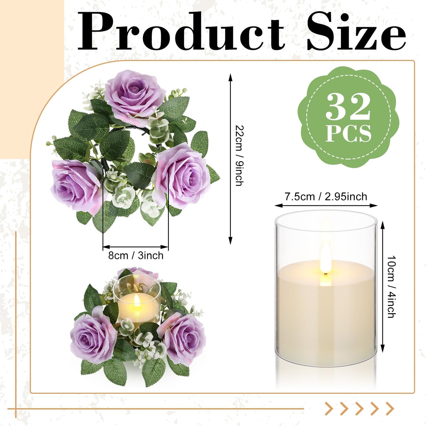 Yunlly 32 Pcs Rose Candle Rings with Flameless Candles Sets, Artificial Flower Eucalyptus Wedding Centerpiece 3 Inch Pillar Candleholders Wreaths for Wedding Party Mother's Day (Purple)