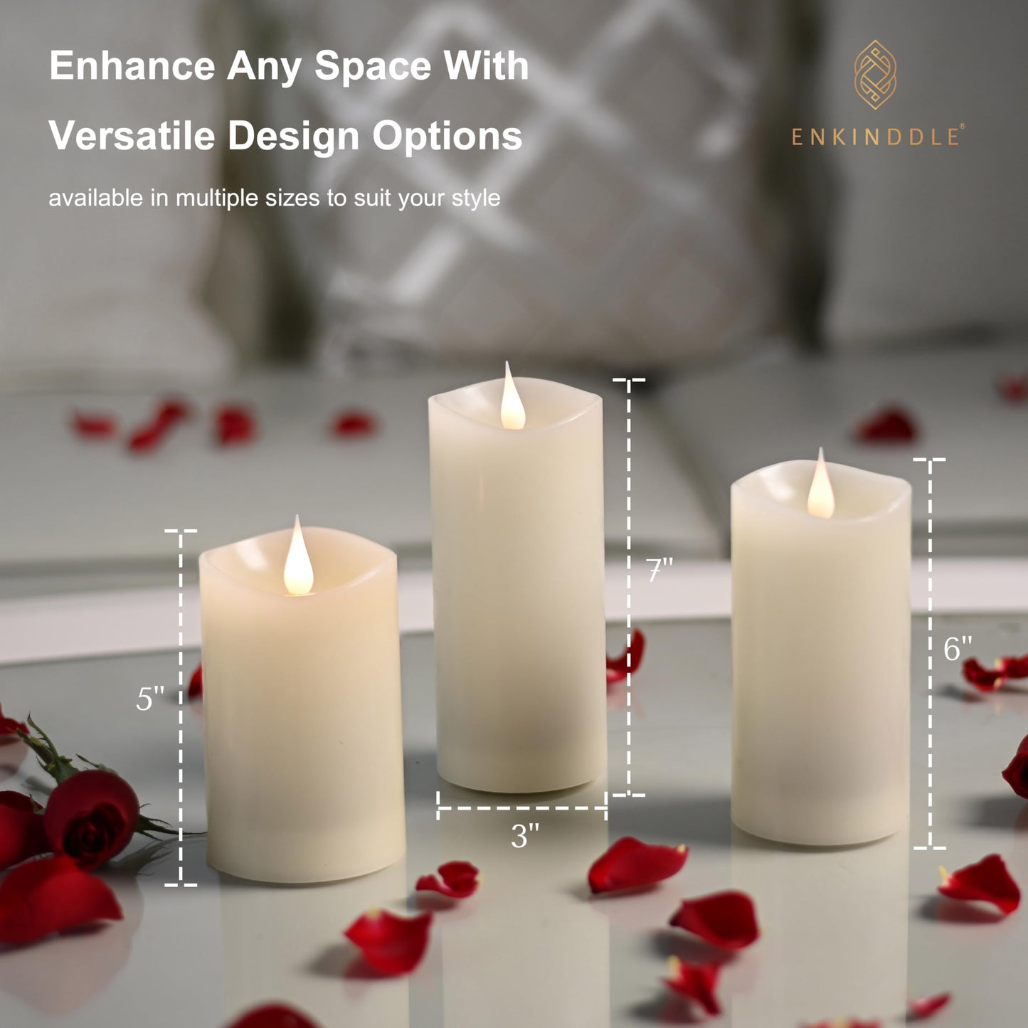 ENKINDDLE Flameless Candles with Timer, 3D Moving Flame LED Pillar Candle, Real Wax Flickering Candle, Battery Operated, Ivory 3"x5" for Table Centerpiece & Home Décor