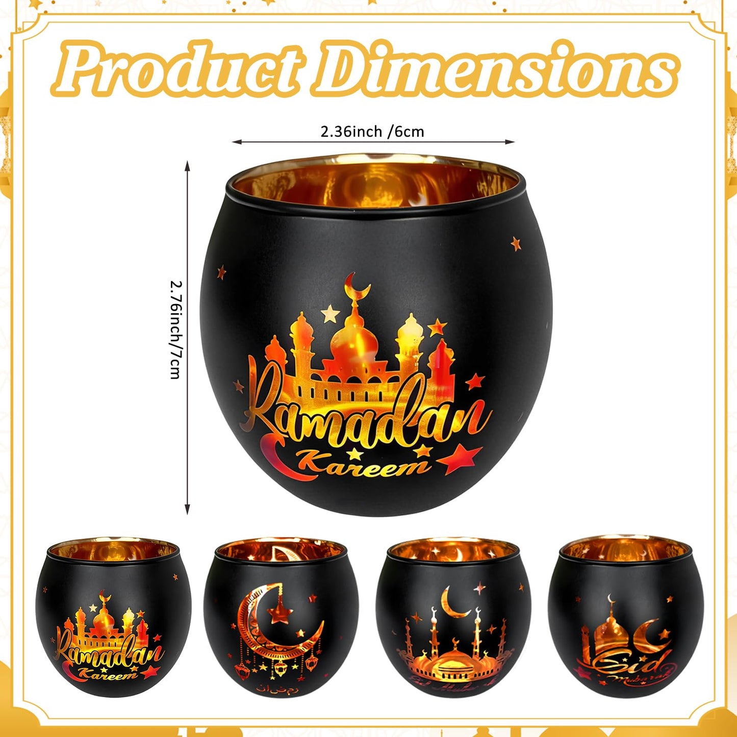 Eid Mubarak Glass Tea Light Candle Holders, Votive Tealight Holder Table, Centerpiece Decorations for Muslim Party Decor (Ramadan)