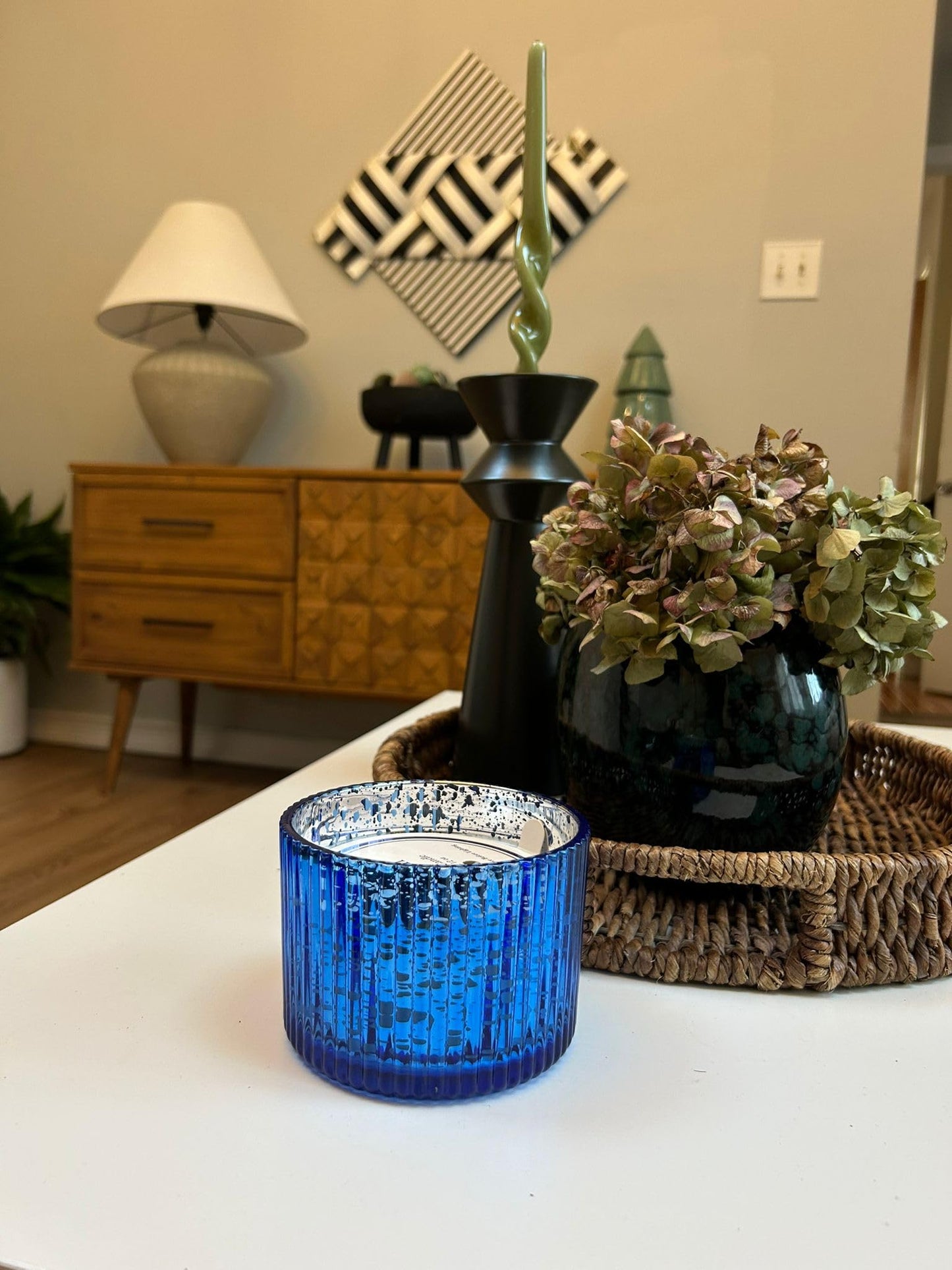 Ocean Breeze Scented Candle, 12 oz Triple Wick Candle in Blue Mercury Glass Jar, Lemon Blossom & Sea Salt Fragrance, Coastal Beach Home Decor, Reusable Decorative Jar (Blue, Malibu Lagoon)
