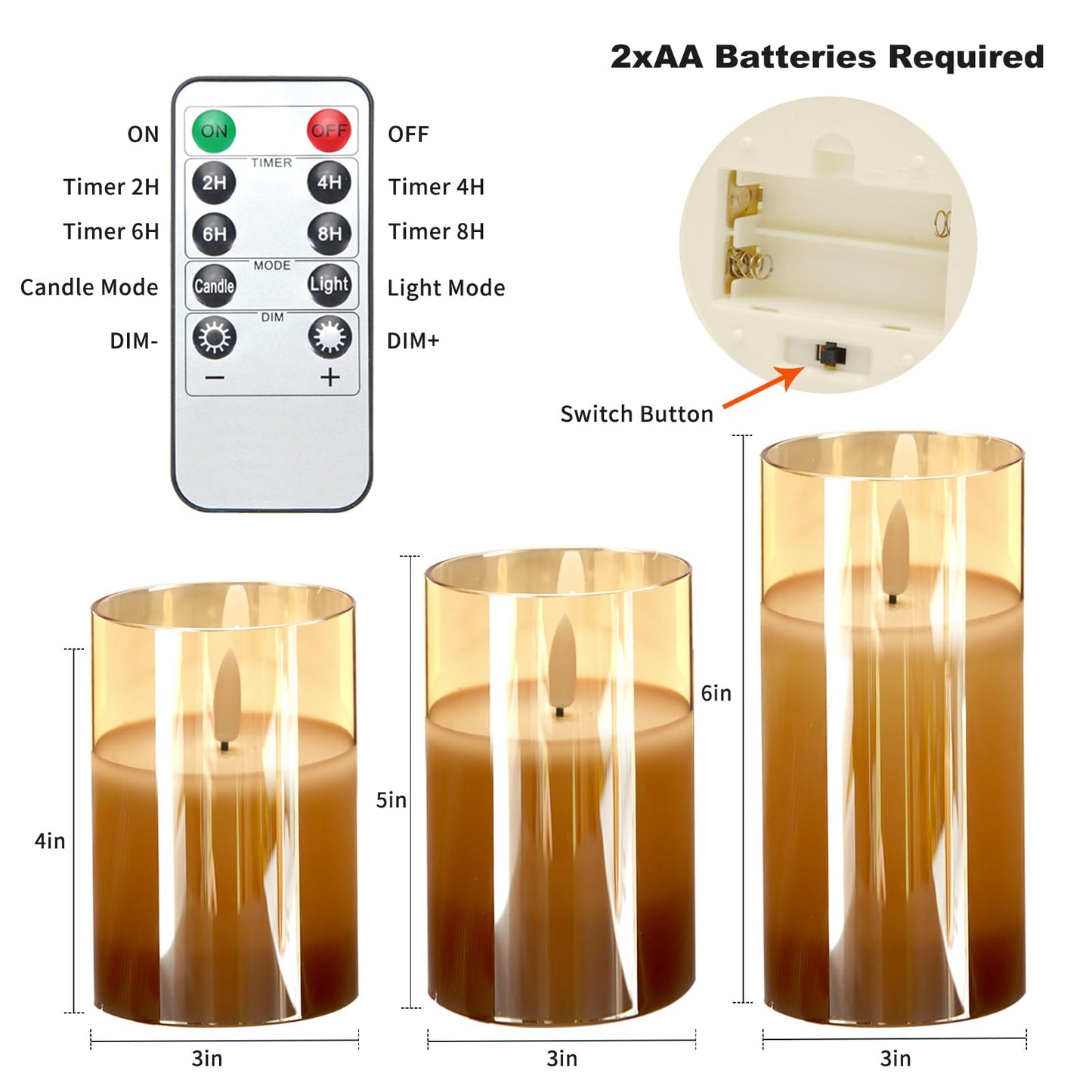 Flameless Candles, Battery Operated Led Flickering Flameless Candles 3 Pack with Star String Lights, Brown Glass Timer & Remote, Flickering Safe for Wedding Home Party Decor