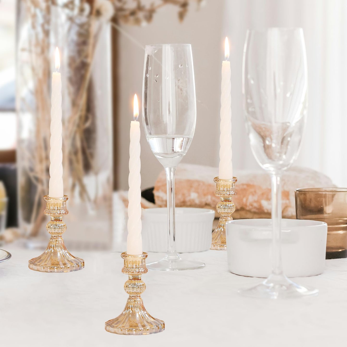 6 Pcs Golden Glass Taper Candle Holders – 4" Ribbed Candlestick Holders for Standard Candles | Elegant Centerpiece for Wedding, Party, Holiday & Home Decor