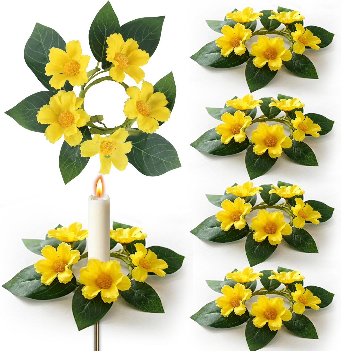 6 PCS Summer Yellow Daisy Taper Candle Rings Wreaths 1.38" Mini Spring Summer Floral Taper Candle Holder Wreaths Artificial Flower Farmhouse Table Centerpieces Wreath for Rustic Home Candlestick Decor
