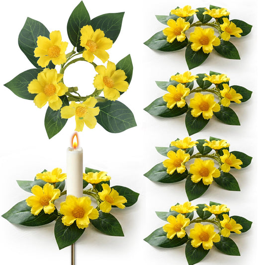 6 PCS Summer Yellow Daisy Taper Candle Rings Wreaths 1.38" Mini Spring Summer Floral Taper Candle Holder Wreaths Artificial Flower Farmhouse Table Centerpieces Wreath for Rustic Home Candlestick Decor