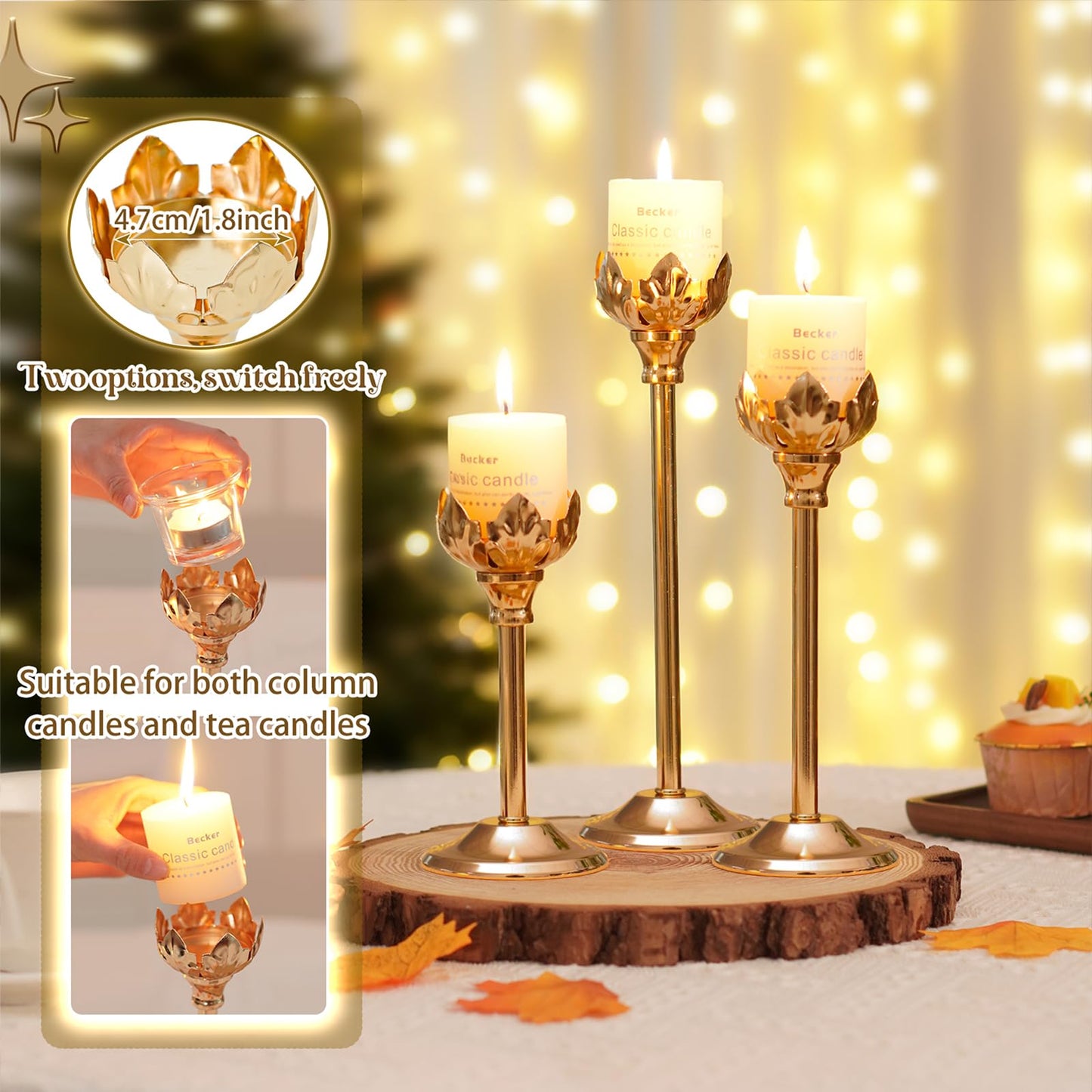 Set of 3 Metal Tea Light Candle Holder with 3 Glass Cups, 12/10/8 Inch Elegant Tealight Candelabra Centerpiece for Wedding Table Decor, Tiered Home Party Decoration (3, Gold)