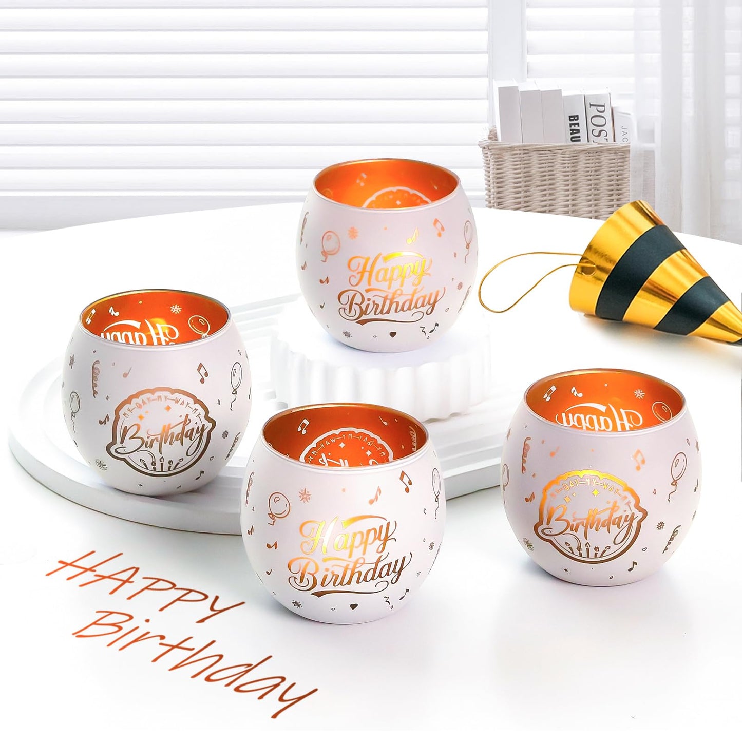 Happy Birthday Decorations White Glass Tealight Votive Candle Holders Set of 4, Birthday Gift Decor with Balloon Carvings, Birthday Party Centerpieces Table