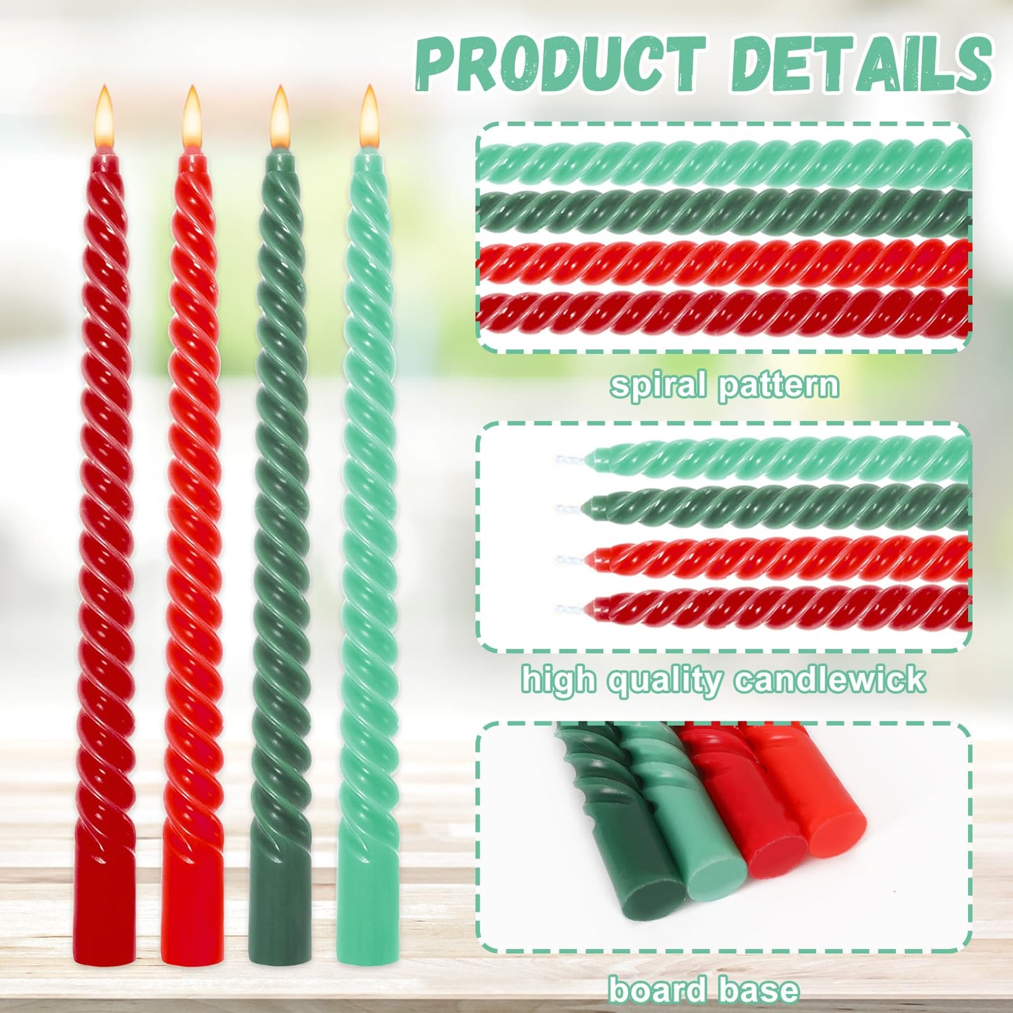 Whaline 8Pcs 10 Inch Christmas Spiral Taper Candles Red Green Dripless Twisted Wax Candles Long Unscented Candle Sticks for Xmas Home Party Supplies