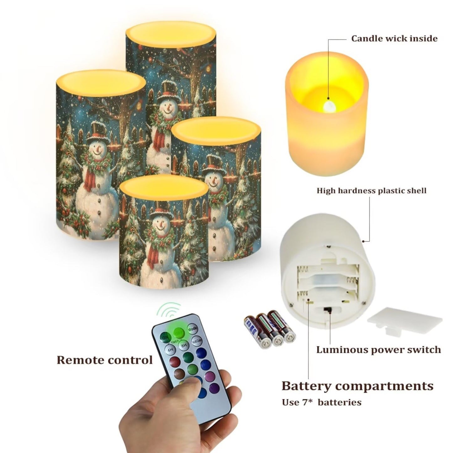 NETILGEN 4 Pcs Flameless Electric LED Pillar Candles Lamps with Remote Timer Control Long Lasting for Christmas Snowy Field Cute Snowman Print
