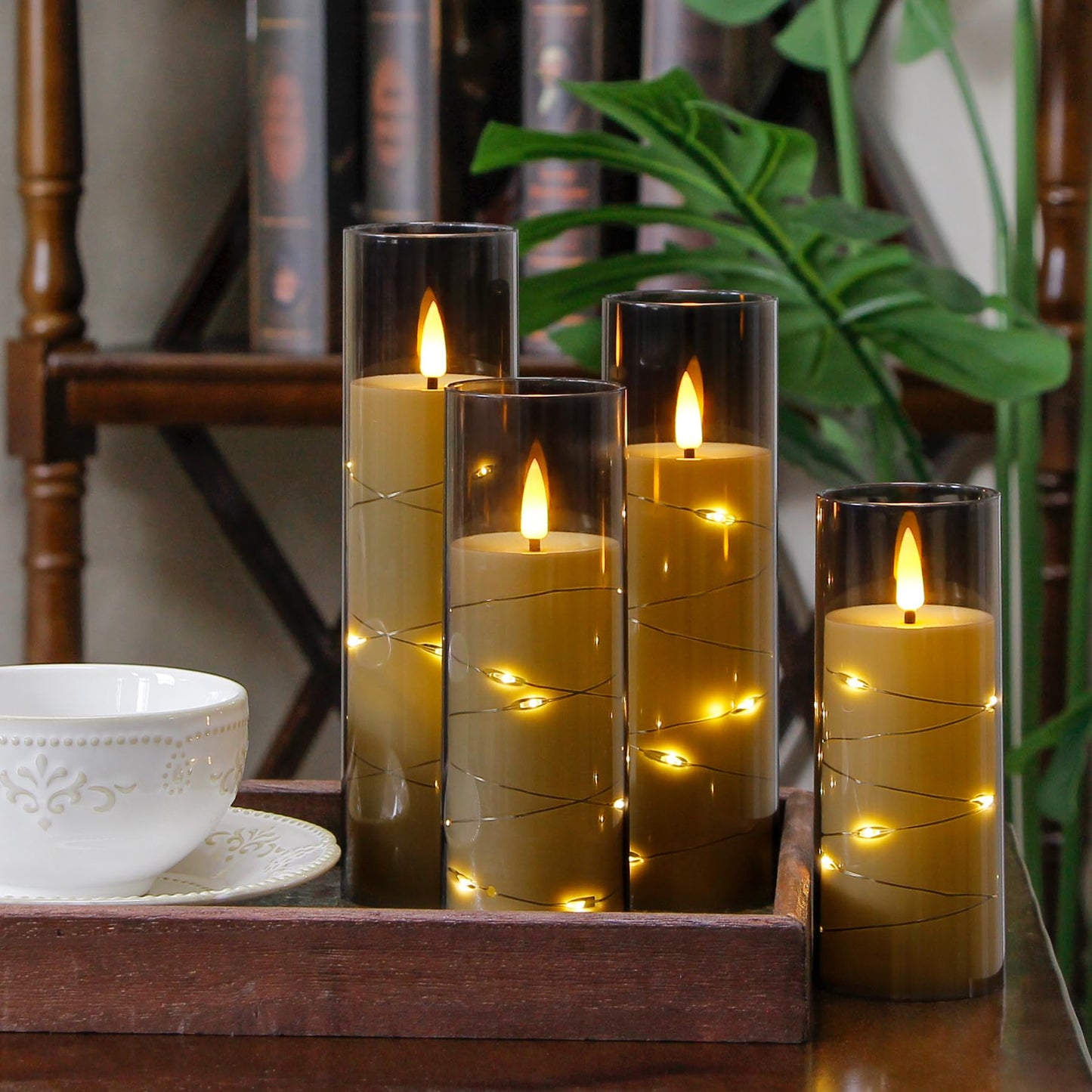 Yeelida Grey Flameless Candles with Remote and String Light, 2.2"x 5",5",6",7",7",8" LED Battery Operated Plastic Flickering Timer Pillar(Pack of 6,Turn On/Off String Light Mode)