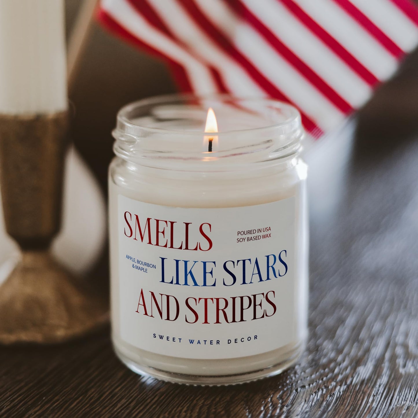 Sweet Water Decor Patriotic Candle, Smells Like Stars and Stripes, 4th of July Decoration, Apple Maple Bourbon Scented, Non-Toxic Soy Wax Candle, 9oz Glass Jar, 40 Hour Burn Time, Poured in the USA