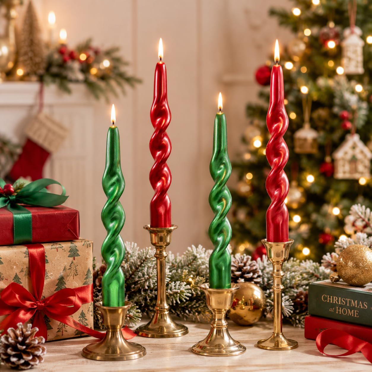 Metal Red Green Spiral Taper Candles Set of 4, 10 Inch Handmade Candle Stick, Unscented Twisted Candles, Tapered Candles for Wedding Christmas Home Decor