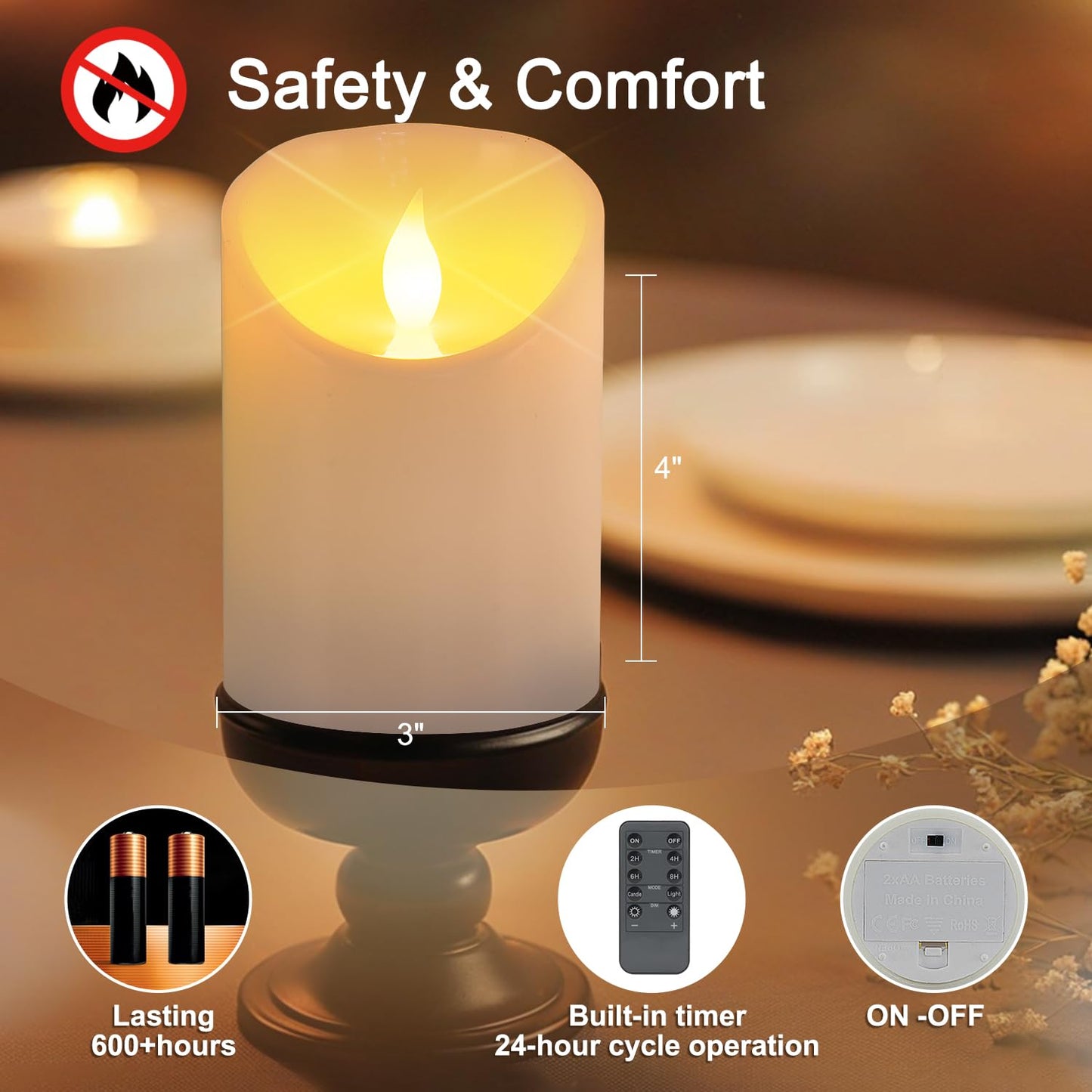 Tediselu 3"x4" Flickering Flameless Candles, Realistic LED Candles, Battery Operated Candles with Remote and Timers, Real Wax Electric Fake Pillar Candles for Festival Wedding Home Party Decor-2Pack