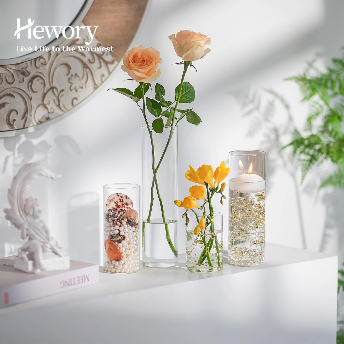 Hewory Glass Cylinder Vases for Centerpieces: Set of 12 Clear Hurricane Vase Bulk with Pearl String for Wedding Table Birthday Party Decoration - Tall Candle Holders for Floating Candle Bouquet
