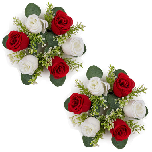 NUPTIO Flower Wreath for Table Centerpieces: 9.05 Inch Small Crimson & White Candle Rings for Wedding Party Christmas Decorations - Rose Wreaths for Spring Summer Front Door Porch Decor 2 Pcs
